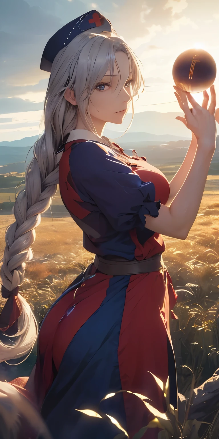 (masterpiece, best quality:1.3), (dynamic angle:1.3), Yagokoro Eirin, Touhou Series, perfect face, expressive eyes, 1woman, looking at viewer, 38 years old, gorgeous body, big breast, beautiful, anime, lora,1woman, silver hair, braid hair, nurse cap, red and blue clothes, long skirt, (evil look, looking down on viewer:1.5), (cinematic lighting, realistic, dream-like, enchanting atmosphere:1.5), (photo of a woman in her light and mysterious environment:1.3), (the woman surrounded by an aura of mystery and intrigue:1.3), (standing in the field, clouds, sunrise:1.3), (a crystal ball nearby, adding to the mystical setting:1.3), (a hint of incense in the air, adding to the sensory experience:1.3), 