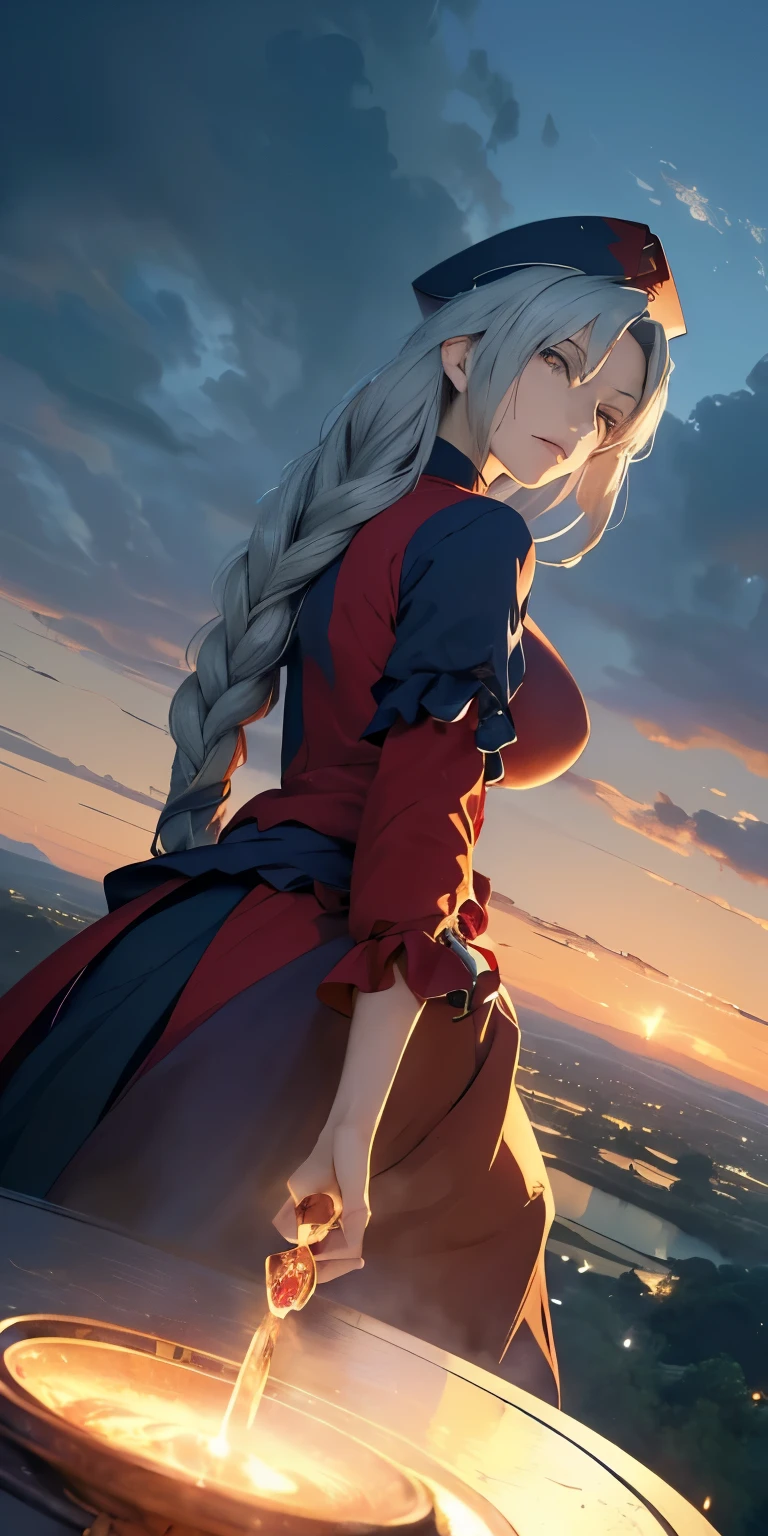 (masterpiece, best quality:1.3), (dynamic angle:1.3), Yagokoro Eirin, Touhou Series, perfect face, expressive eyes, 1woman, looking at viewer, 38 years old, gorgeous body, big breast, beautiful, anime, lora,1woman, silver hair, braid hair, nurse cap, red and blue clothes, long skirt, (evil look, looking down on viewer:1.5), (cinematic lighting, realistic, dream-like, enchanting atmosphere:1.5), (photo of a woman in her dark and mysterious environment:1.3), (the woman surrounded by an aura of mystery and intrigue:1.3), (standing in the field, clouds, sunrise:1.3), (a crystal ball nearby, adding to the mystical setting:1.3), (a hint of incense in the air, adding to the sensory experience:1.3),