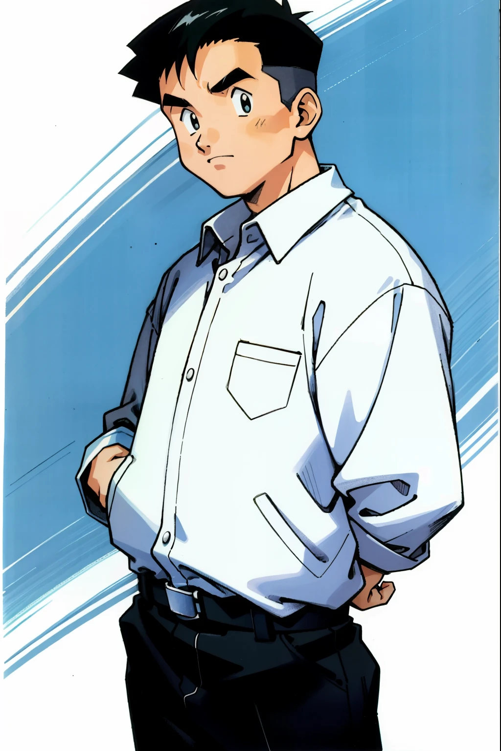 by Ken Sugimori, sugimori 1990s, ((only 1boy)), security guard, chubby, middle-aged ((hands behind their back)), full black pupils, manga, best quality, highly detailed, clean lines, cowboy shot, good hands, good eyes, hd, 8k, professional, symmetrical, hires, 8k,