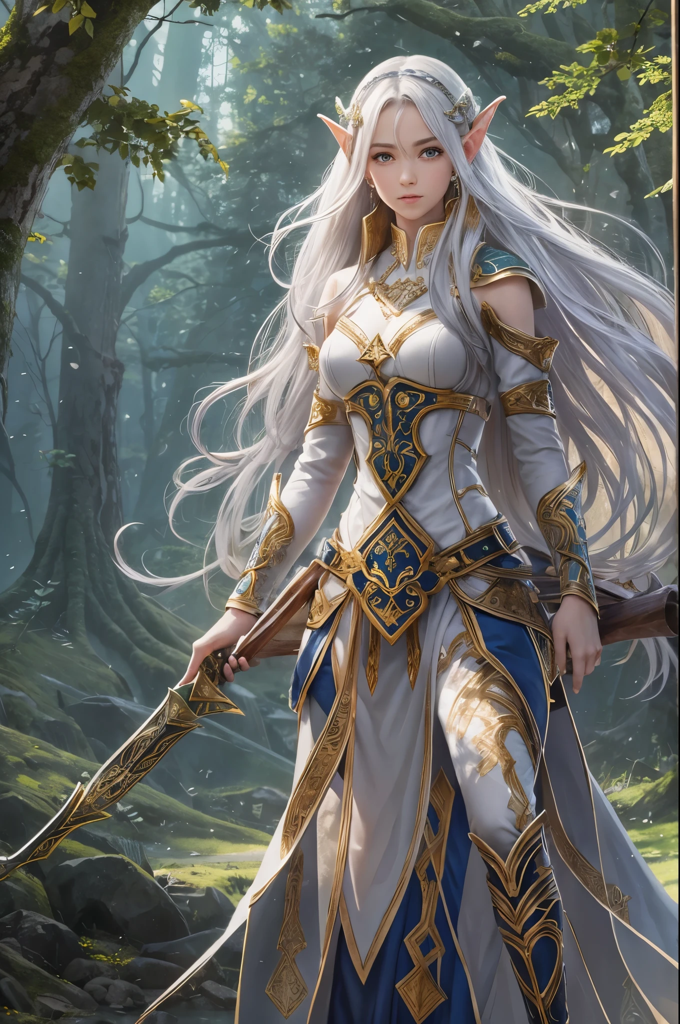 (master piece), 8k, best quality, full body panoramic view, Elf, young, 17 years old With slightly flushed white skin, her long silver hair, green eyes, slim and athletic body, a height of 1.68 meters, which gave her a natural elegance, Detailed warrior outfit, walking in the enchanted forest, holding a war bow with rune writing, happy, walking,