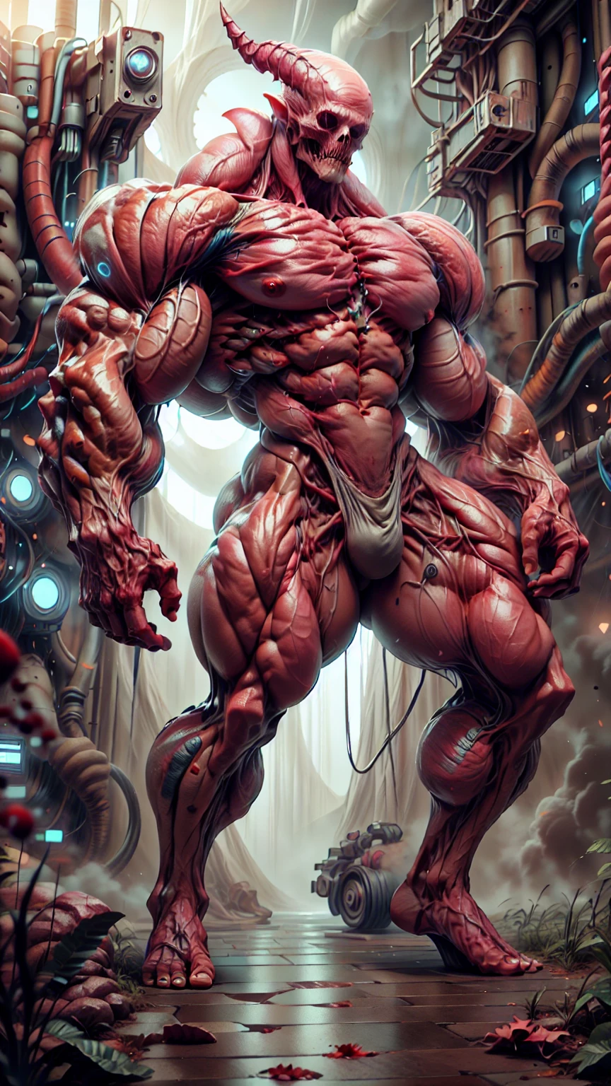Cinematic, clear facial features and insanely detailed, the image captures the essence of (1 girl), (megan fox:1.25), (long red hair), (carnage skinless physique:1.25), (1 super muscular undead skinless succubus with gigantic horns:1.25), (covered in red necrotic rotting skinless muscle:1.25), (exposed muscles & veins everywhere:1.25), (perfect fingers:1.25) (full body pose:1.25). The color grading is beautifully done, enhancing the overall cinematic feel. Unreal Engine makes her appearance even more mesmerizing. With depth of field (DOF), every detail is focused and accentuated, drawing attention to her eyes and hair. Peak image resolution utilizing super-resolution technology ensures pixel perfection. Cinematic lighting enhances her aura, while anti-aliasing techniques like FXAA and TXAA keep the edges smooth and clean. Adding realism to the muscular bio-mecha succubus , RTX technology enables ray tracing. Additionally, SSAO (Screen Space Ambient Occlusion) gives depth and realism to the scene, the girl's presence even more convincing. In the post-processing and post-production stages, tone mapping enhances the colors, creating a captivating visual experience. The integration of CGI (Computer-Generated Imagery) and VFX (Visual Effects brings out her demonic features seamlessly . Incredible level of detail, with intricate elements meticulously crafted, the artwork hyper maximalist and hyper-realistic. Volumetric effects add depth and dimension, with unparalleled photorealism. 8k resolution rendering ensures super detailed visuals. The volumetric lighting adds a touch of magic, highlighting her beauty and aura in an otherworldly way. High Dynamic Range (HDR) tech makes the colors pop, adding richness to the overall composition. Ultimately, this artwork presents an unreal, yet stunningly real portrayal of an incredibly beautiful bio-mecha succubus girl. The sharp focus ensures that every feature is crisply defined, creating a captivating presence. (girl face:1.45)