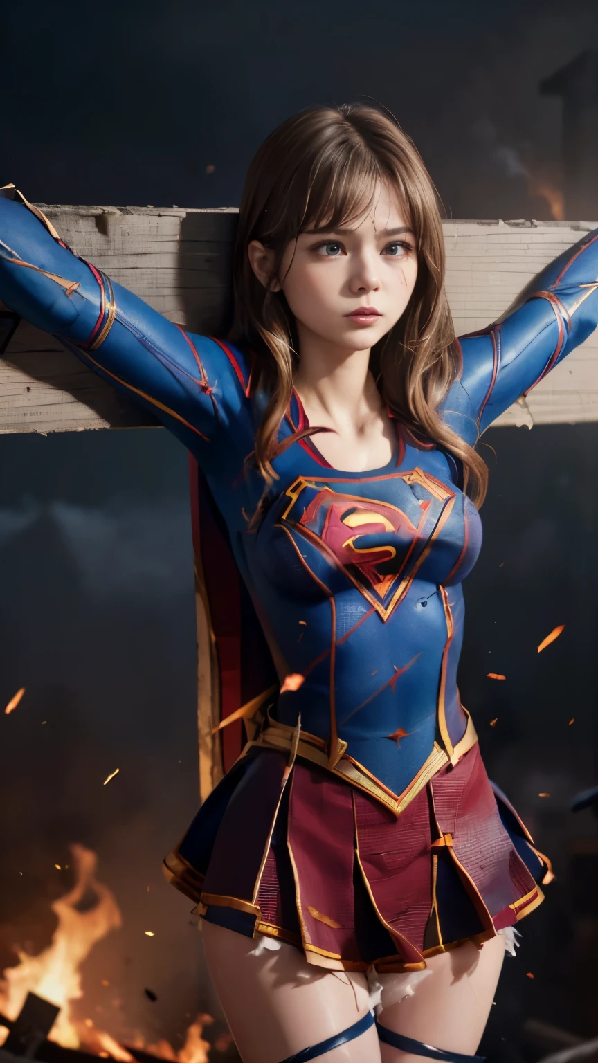 highest quality，masterpiece，UHD, Super detailed, 8K，(Beautiful woman)，(一人のBeautiful woman)，((crucifixion:1.5))，(((cross)))，(execution)，((incontinence))，scared，???????，slave，((crossにcrucifixionにされた女性：1.5)),crucifixion刑，((supergirl:1.5))，blue suit，Superman logo on chest，red skirt，red boots，((torn costume：1.5))，((Tearing of clothes：1.5))，(tattered clothes：1.5)，Beaten face，顔にtraces of being beaten，((bruises on body))，scars on body，injured face and body，(Bruise, dirty, torn clothes, revealing clothes, Blood:1.3)，traces of being beaten，Defeated heroine，a devastated world，ruins，abandoned building，(burning at the stake)，((roasted over fire：1.2))，inflammation，(inflammationに包まれている)，足下にinflammation，NSFW
