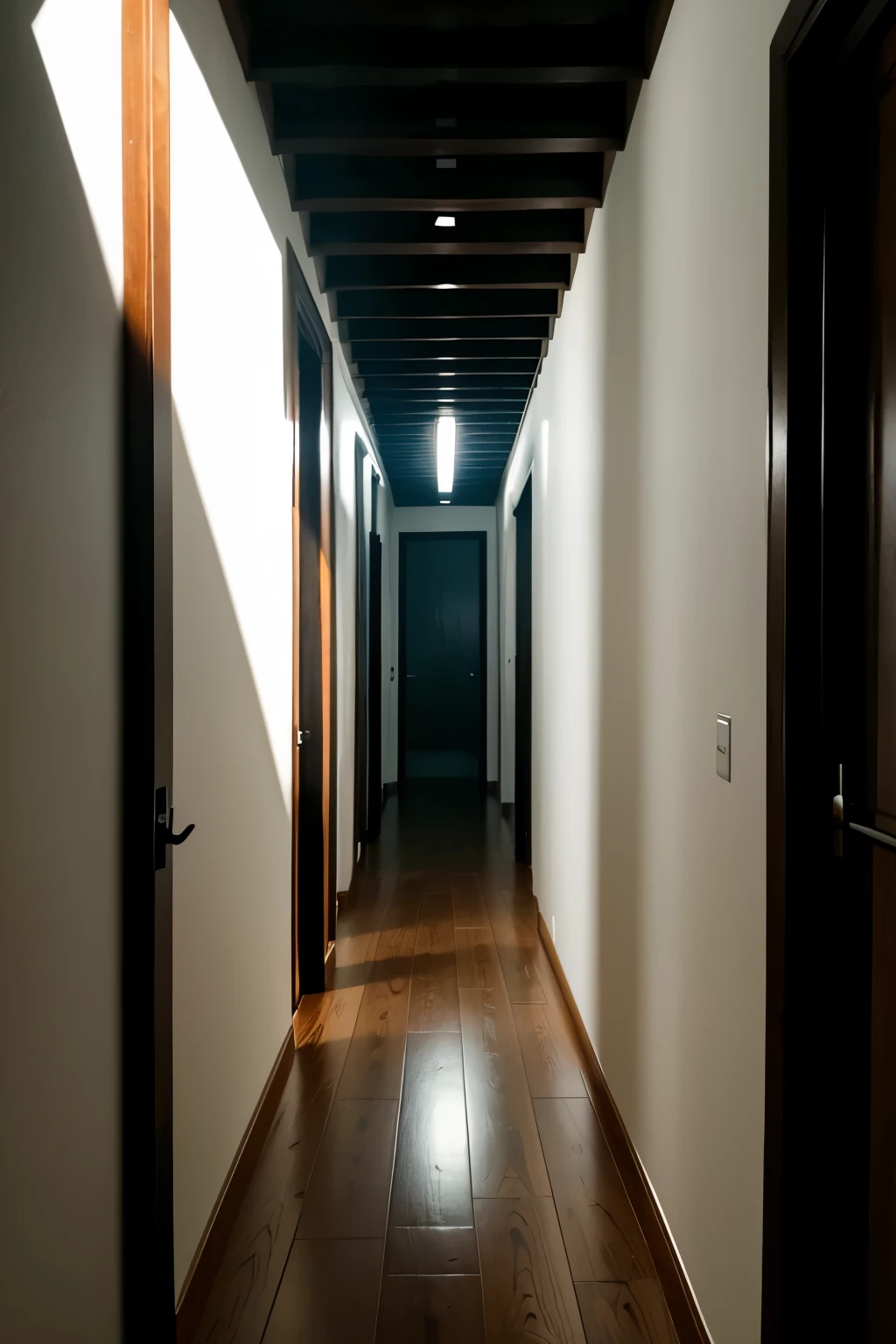 Un pasillo largo que se va haciendo mas oscuro conforme se acerca al fondo del pasillo