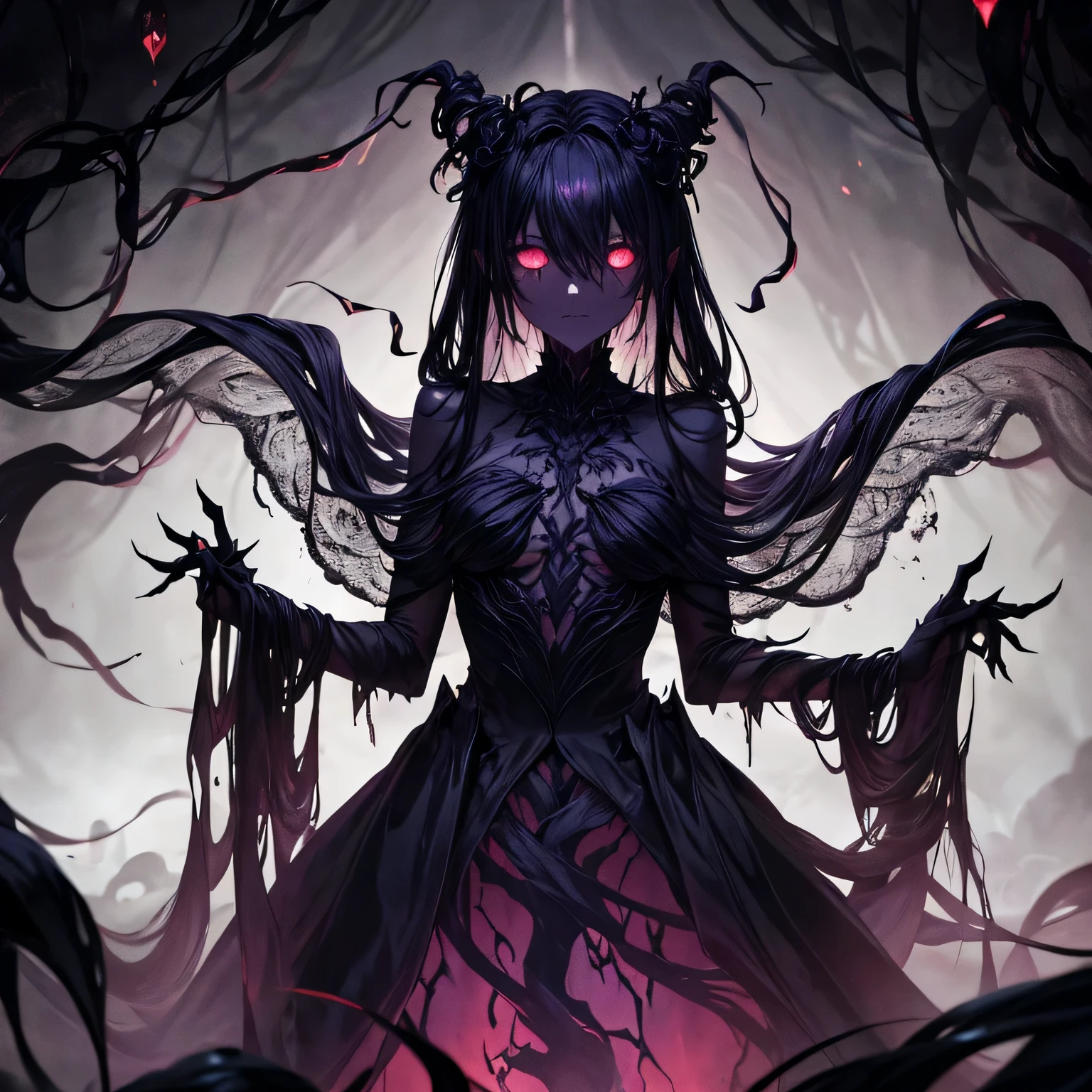 - Glowing, ominous eyes peeking from the darkness
- Sinister, shadowy tendrils reaching out
- Jagged, otherworldly silhouette
- Faint, eerie outlines hinting at its form
- Distorted, contorted limbs
- Wisps of dark energy emanating from its body