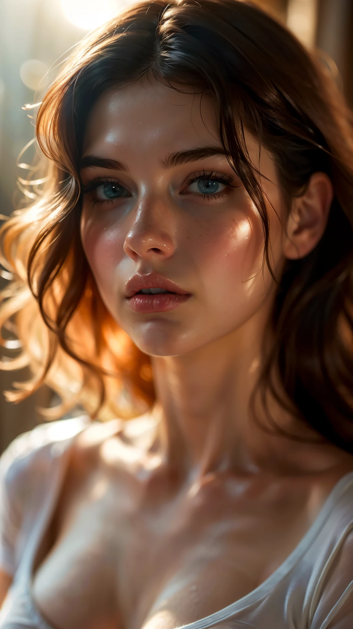 (((ultra realistic))) Photo, masterpiece, top quality, (pale skin), (Ultra detailed face and eyes:1.3), 1 girl, Adult, in a T-shirt, (Eye makeup, mascara) , ((large detailed lips)), ((ash wavy hair)), ((Chyolka)) , (Natural breasts), Slim waist. ((Posing)), photoshoot, studio (soft lighting), (The play of light and shadows), depth of field, bokeh, (special attention to skin detail: 1.2), Detailed leather texture, skin pores. (Airy atmosphere of the frame. Color range - delicate, Bright, white, Pink tones), UDR, ((Film grain)), ((rays)), ((glare of the sun)), ((waist up portrait, close to the camera)) , ultra detialed,