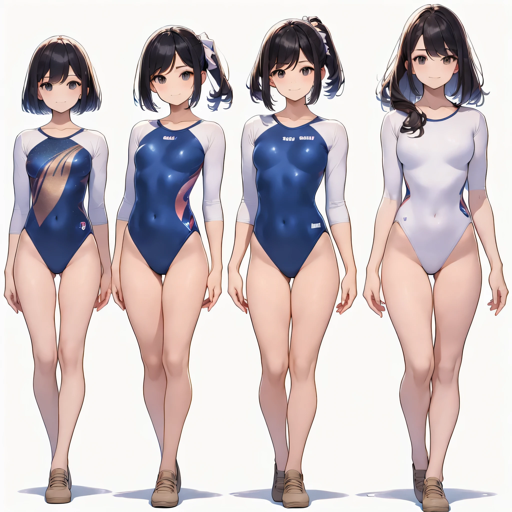 ((full body)),(masterpiece, best quality), (3 girls1.5) ,((Contrapposto:1.5)), looking at viewer, walking,((v_arms:1.2)), wearing gymnastics_longsleeves_leotard_outfit leotard:1.3),(blue leotard) ,(galaxy print:1.3), BREAK masterpiece black hair, ((long hair:1.2)), ((parted bangs:1.3)), black eyes, good hand, ((small breasts)), (over 20 years old, under 25 years old:1.2), , spotlight, happy, smile, BREAK in the class room