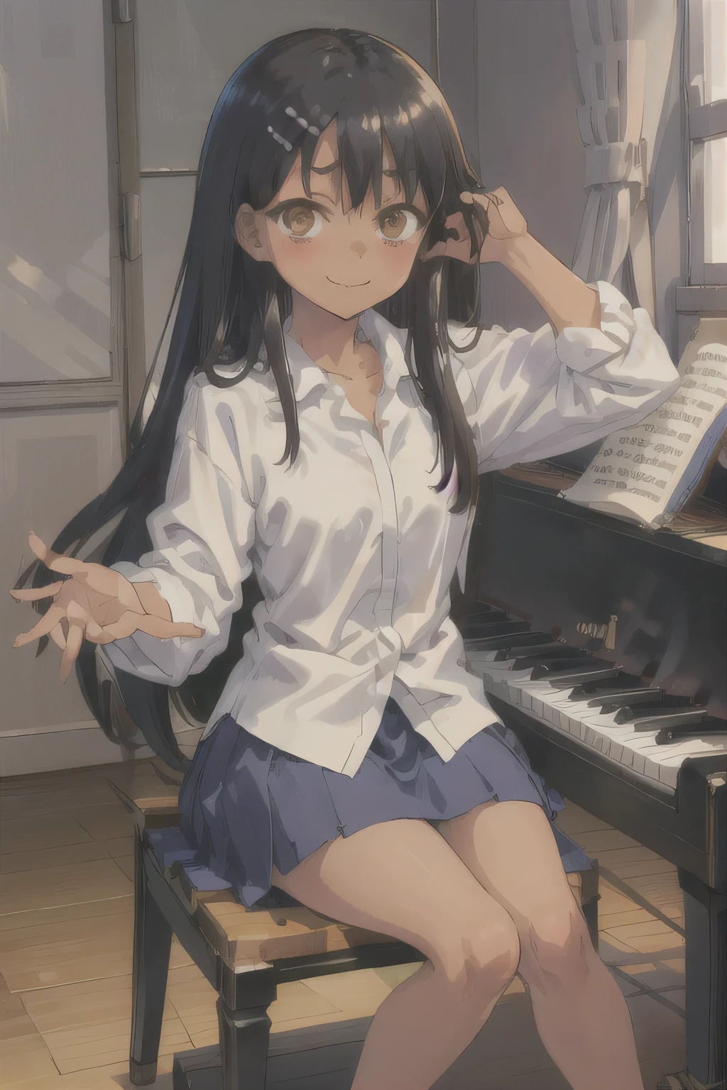 (masterpiece, highest quality:1.2), very detailed, soft ambient lighting, sharp focus, 4k, break 1 girl, alone, nagatoro hayase, hair ornaments, brown eyes, hair clip, black skin, black hair, , white shirt, navy blue skirt, play the piano　Playing the piano keys, looking at the viewer, grin and laugh,