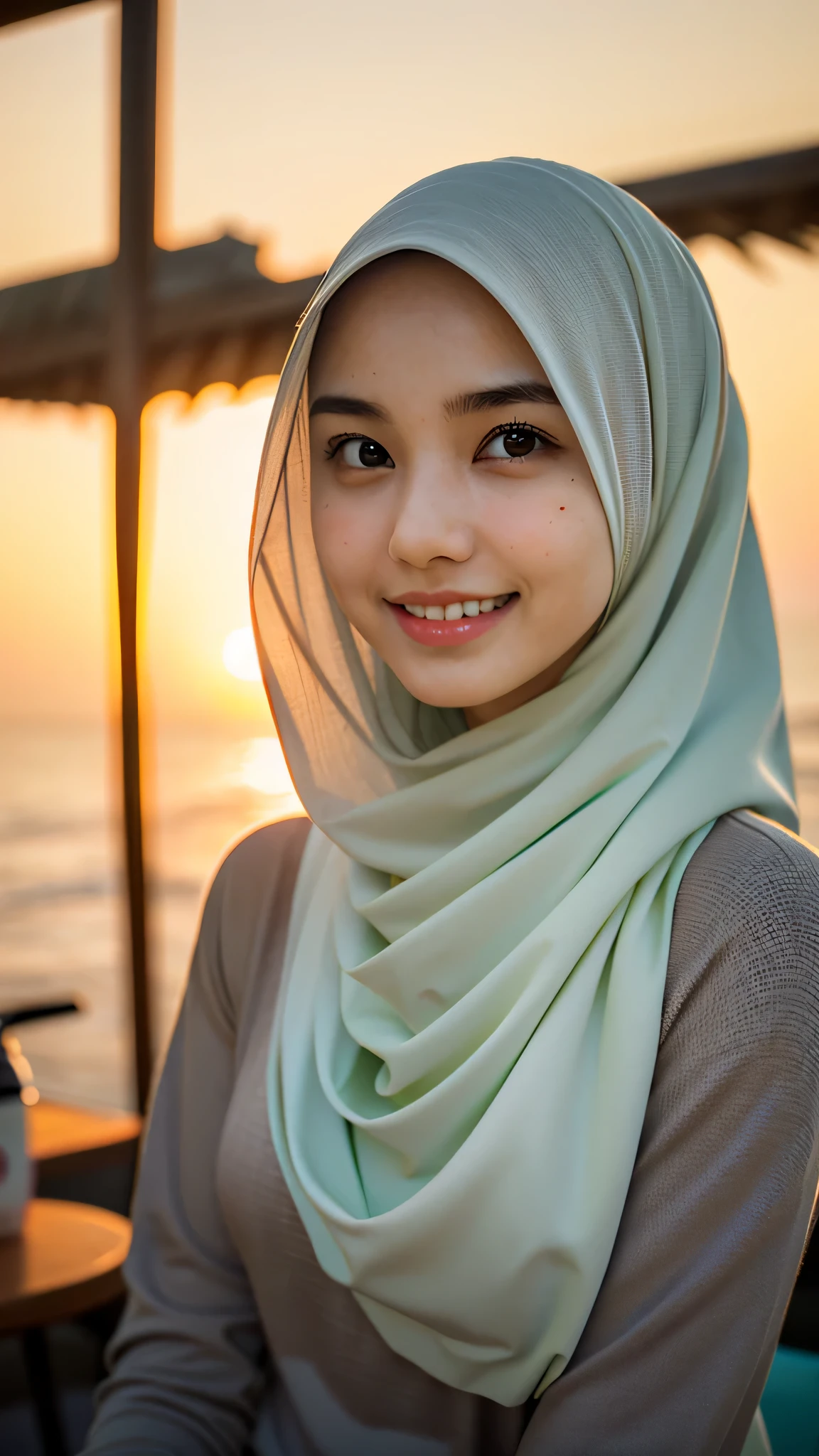 ((best quality)), ((masterpiece)), perfect face, indonesia, hijab, sharp nose, smile, half body, sunset, beach cafe