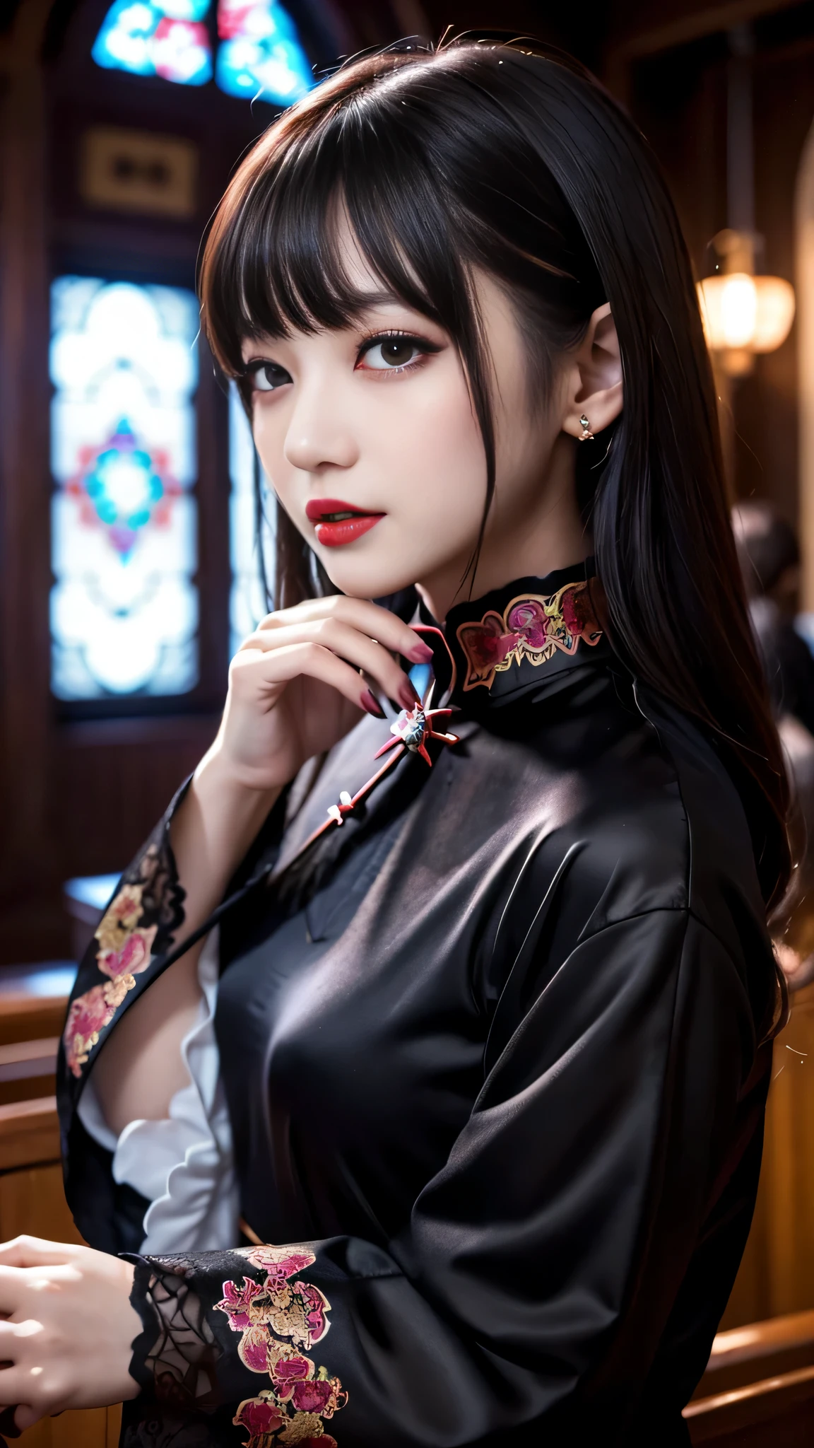 ltra-detailed、Japanese、attractive beauty、seductive adult woman、pretty woman、piercing eyes、cool girl、wavy hair、swept bangs、Long Black Cheongsam、wide sleeves、Evil cadres、evil depravity、brainwash、mind control、apply lipstick、smirk、evil look、evil、empty eyes、evil、church at night、vampire、vampire、succubus、Possessed and blackened、stabbed in the neck、Make up