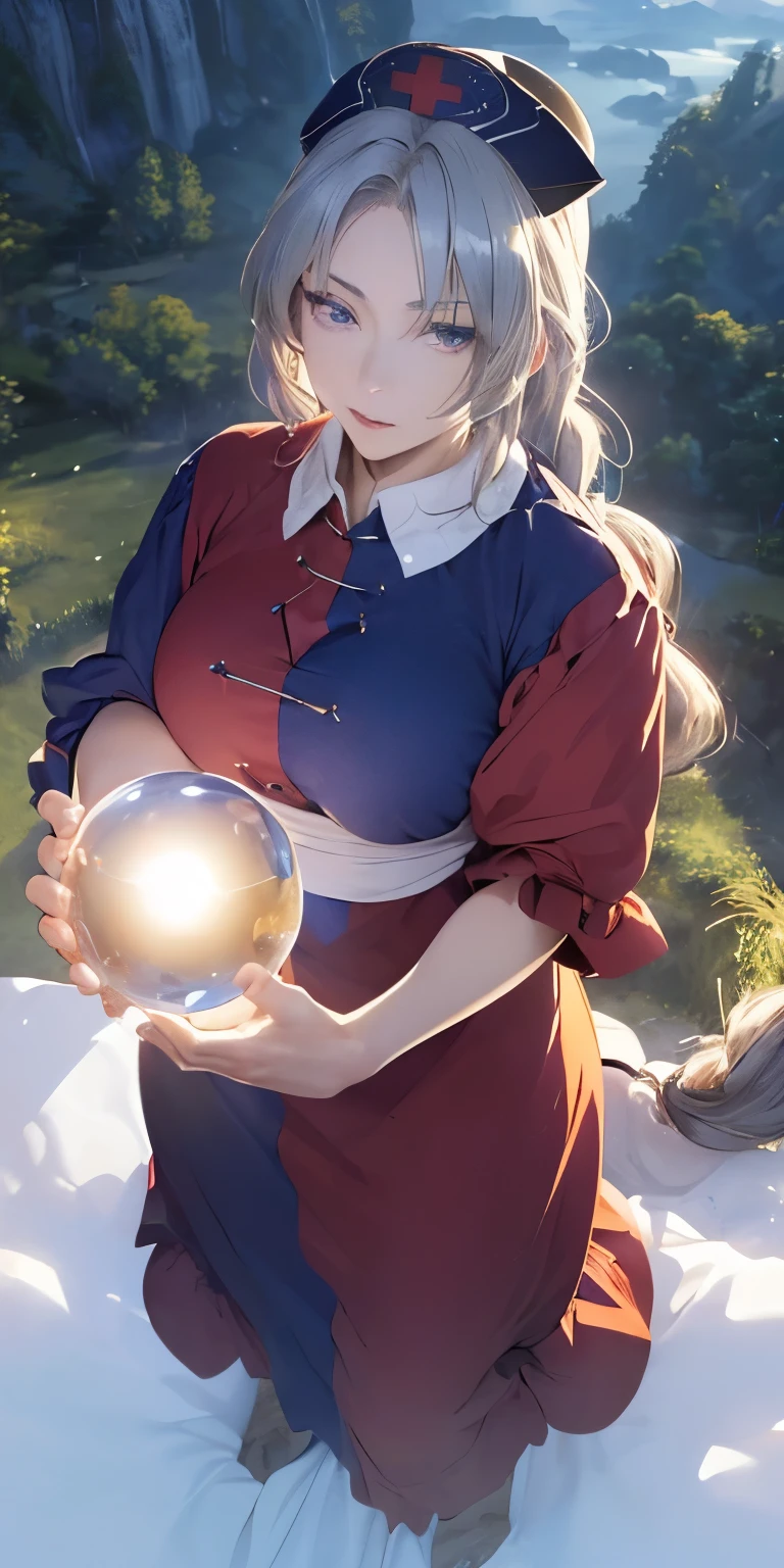 (masterpiece, best quality:1.3), (face focus:1.3), Yagokoro Eirin, Touhou Series, perfect face, expressive eyes, 1woman, looking at viewer, 38 years old, gorgeous body, big breast, beautiful, anime, lora,1woman, silver hair, braid hair, nurse cap, red and blue clothes, long skirt, (evil look, looking down on viewer:1.5), (cinematic lighting, realistic, dream-like, enchanting atmosphere:1.5), (photo of a woman in her light and mysterious environment:1.3), (the woman surrounded by an aura of mystery and intrigue:1.3), (standing in the field, clouds, sunrise:1.3), (a crystal ball nearby, adding to the mystical setting:1.3), (a hint of incense in the air, adding to the sensory experience:1.3), 