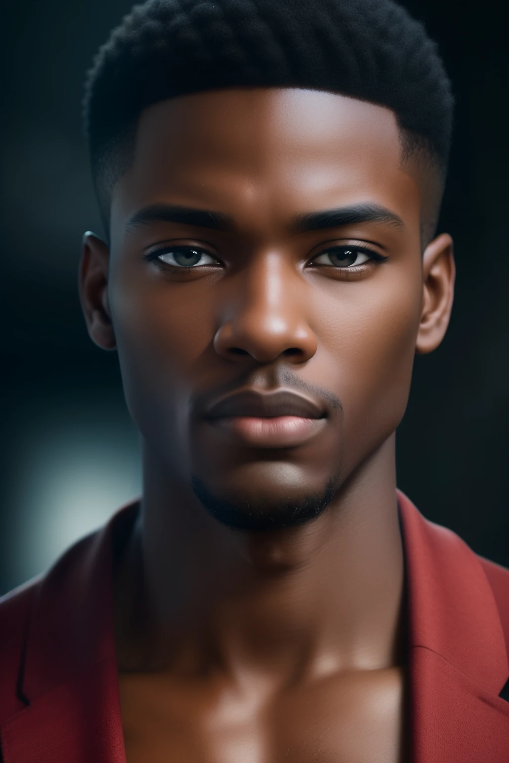 Very handsome young black man, solo, (Detailed face:1.2), ((realistic skin, sharp features, pronounced jawline, expressive eyes), wearing casual attire, standing in a thoughtful pose, questioning an old man with a serious expression, Background: (Blurry background:1.25, Abstract, Subdued colors, No humans present), Captured in a Canon EOS R6, 85mm lens, F/1.8, HDR, RAW photo, Engaging pose, Masterpiece, High resolution, Realistic detail, Dramatic lighting, Cinematic atmosphere, Narrative photography, Deep focus, Sharp focus, Filtered to emphasize contrast