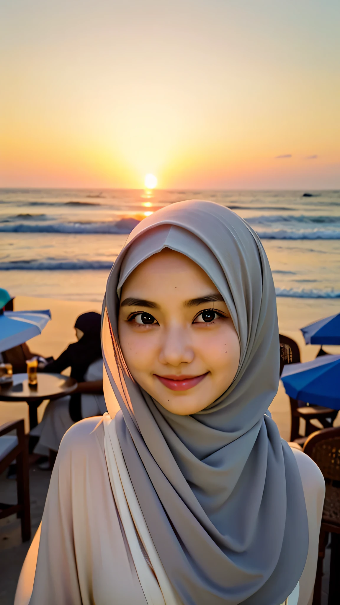 ((best quality)), ((masterpiece)), perfect face, indonesia, hijab, sharp nose, smile, half body, sunset, beach cafe