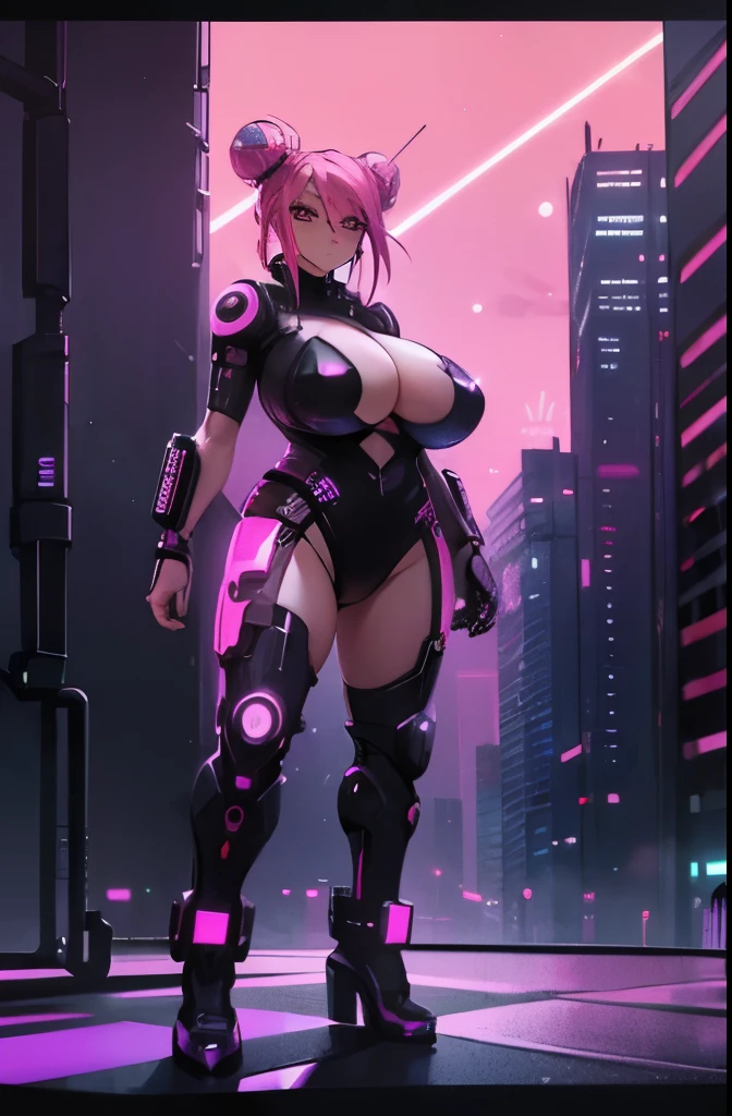 ((cyberpunk aesthetic)), (full body), (cyberware), (showing skin), (((large_breasts))), (pink_hair), (double bun hair), (red light district city background), (glowing lights), (starry night sky) (confident expression), (smug expression), (seductive), (pasties)
