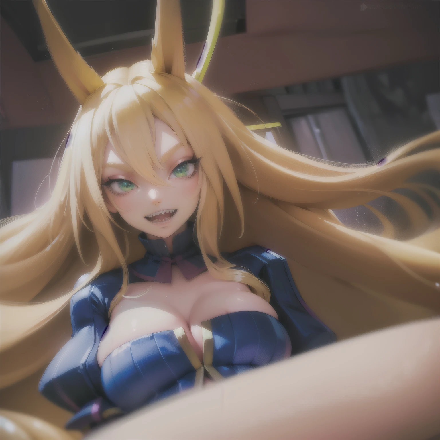 (((Masterpiece))), (((Best Quality: 1.4))), ((Super Detail: 1.4)) , hyper detailed gouache painting of a female Metallia, long blond hair, fox ears, twin braids, green eyes, sharp teeth, big tits, naked, slim body, anal or vaginal sex with a big dildo, 1girl, facing viewer, looking at viewer, smile, open mouth, extra face details, hyper detailed face features, expressive face, detailed textures, blue skintone, tattoos, natural skin shader, volumetrics, warm undertones under her skin, ultra High resolution.