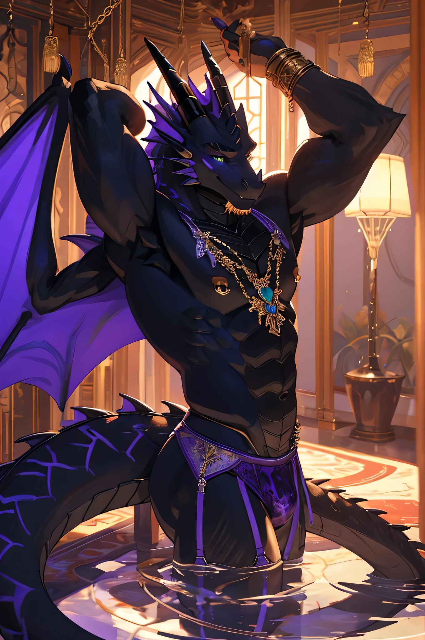 An anthro male black dragon, his body adorned in luxurious and showy purple lacy lingerie, accentuating his well-toned muscles and sharp claws. The lingerie hugs his form tightly, revealing the definition of his chest, abdomen, and arms. His wings, stretching out wide and elegant, are accentuated with intricate lace patterns that seem to shimmer and dance in the light. The dragon's tail, long and powerful, ends in a fluffy plume of black fur, contrasting beautifully with the lavish purple attire. He has a golden nipple piercing that connects to a delicate chain, drawing attention to his pronounced chest and emphasizing his alluring masculinity. The dragon's eyes are a striking amethyst color, filled with confidence and seduction, as if daring anyone who looks upon him to try and resist his charms. His scales gleam like obsidian, highlighting the iridescent purple hues of his lingerie and the golden accents that adorn it. The setting for this image is a lavish bedroom, complete with opulent furnishings and soft, plush pillows, creating an atmosphere of indulgence and sensuality.