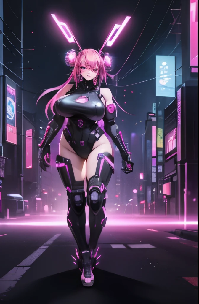 ((cyberpunk aesthetic)), (full body), (cyberware), (showing skin), (((large_breasts))), (pink_hair), (double bun hair), (red light district city background), (glowing lights), (starry night sky) (confident expression), (smug expression), (seductive), (pasties)