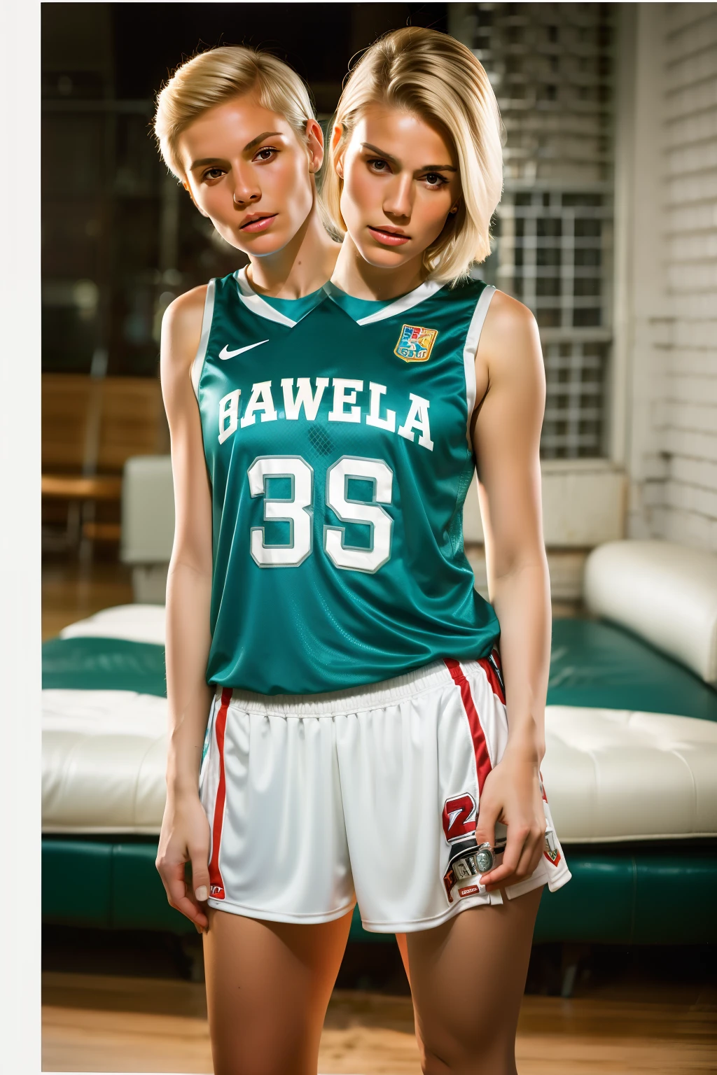 ((2heads)),RAW photo, a close up portrait photo of 21 y.o woman in oversized sports jersey, ((full body)), small bust, blonde hair, pixie haircut, pale skin, slim body, (high detailed skin:1.2), 8k uhd, dslr, soft lighting, high quality, film grain, Fujifilm XT3