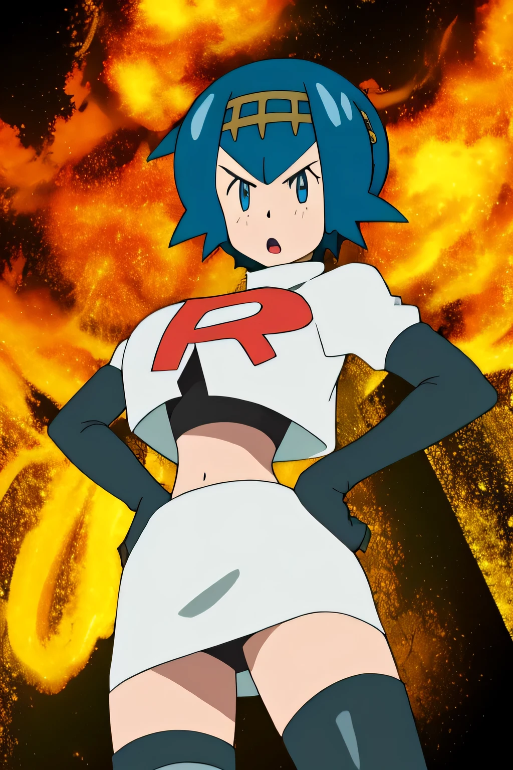 1girl in, (Solo:1.2), (Perfect body:1.1), (Best Quality:1.1), , very large breast, hands on hip,team rocket uniform, red letter r, white skirt,white crop top,black thigh-high boots, black elbow gloves, glaring angrily, looking at viewer, hands on hips,zettai ryouiki,anime style, vivid colors, sharp focus, intense lighting
