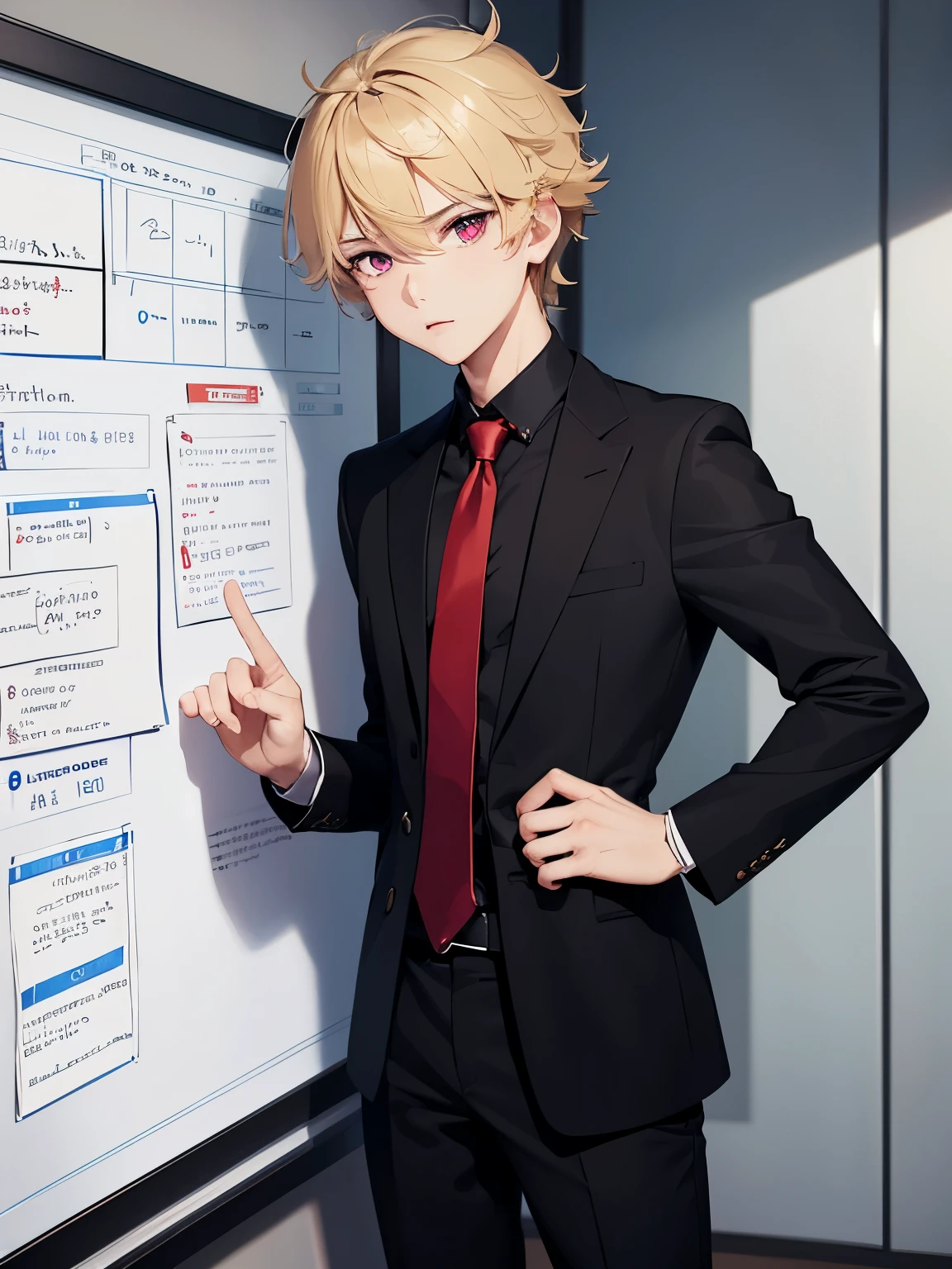1boy,handsome,,Stand in front of the whiteboard,close up photo,Perfect face, HD face, ultra detailed face, short hair, blonde hair, messy hair, bright red eyes, vampire, black shirt, black trousers, red tie, ultra detailed, ultra HD