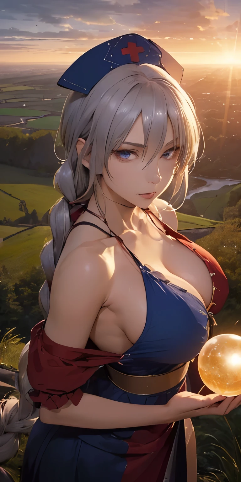 (masterpiece, best quality:1.3), (upper body:1.3), Yagokoro Eirin, Touhou Series, perfect face, expressive eyes, 1woman, looking at viewer, 38 years old, gorgeous body, big breast, beautiful, anime, lora,1woman, silver hair, braid hair, nurse cap, red and blue clothes, long skirt, (evil look, looking down on viewer:1.5), (cinematic lighting, realistic, dream-like, enchanting atmosphere:1.5), (photo of a woman in her light and mysterious environment:1.3), (the woman surrounded by an aura of mystery and intrigue:1.3), (standing in the field, clouds, sunrise:1.3), (a crystal ball nearby, adding to the mystical setting:1.3), (a hint of incense in the air, adding to the sensory experience:1.3), 