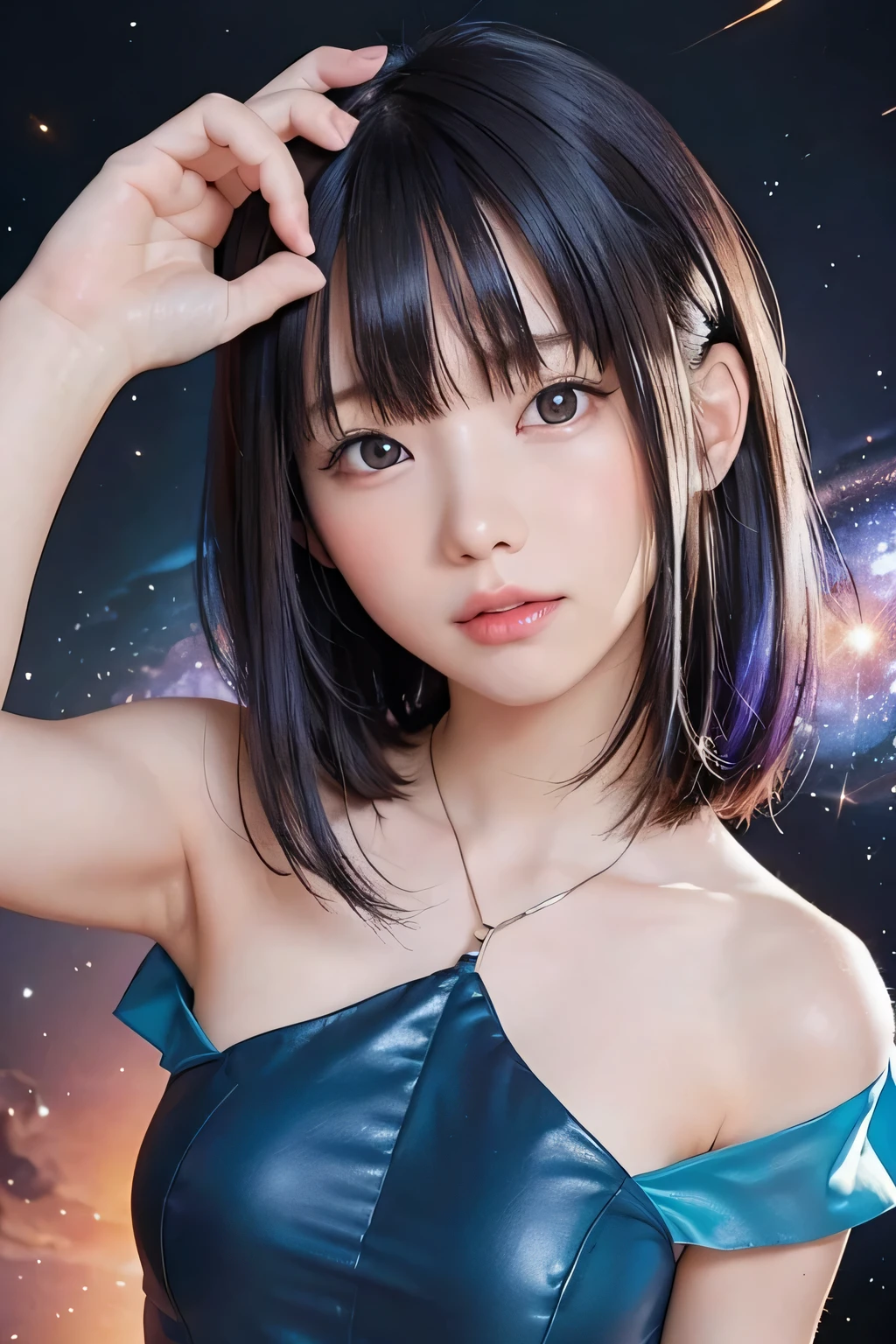 (highest quality、８K、masterpiece), １with people、A girl as real as a photo, ((close up headshot))、 particle, Wind, flower, simple background, looking at the viewer,(rainbow colored hair:1.23), short teal floating dress, cosmic, nebula, Milky Way、(12 year old girl)、round face、cute、slim、flat body、 and slender