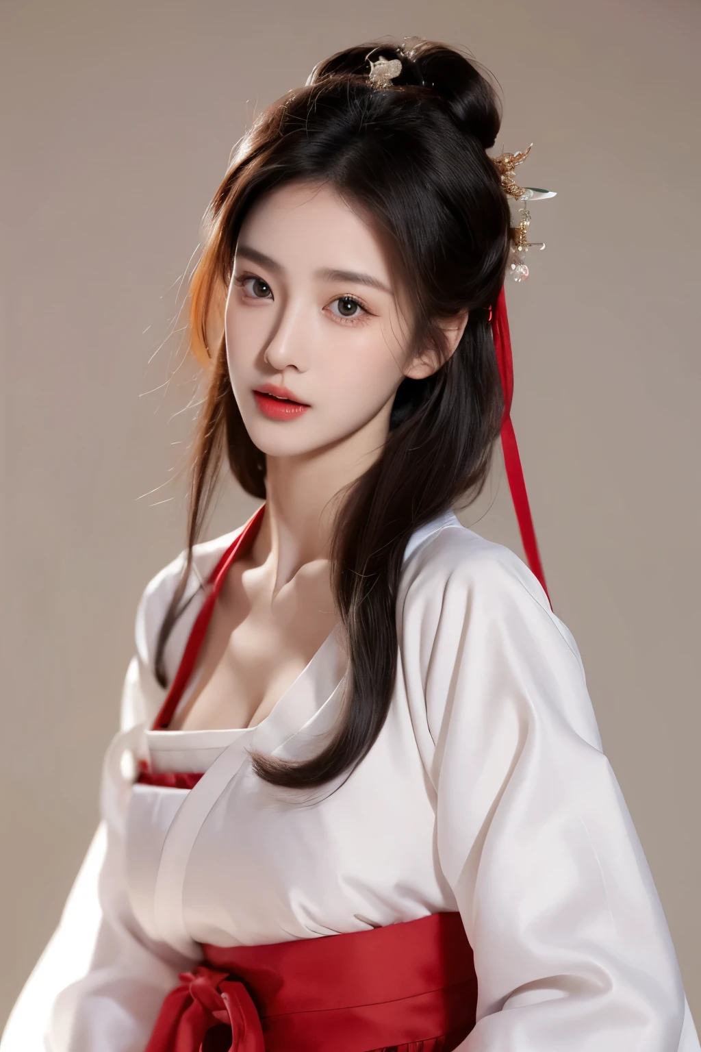 （lifelike,high resolution：1.3）， A slim girl， The face shape and eyes are super delicate,black hair,red glossy lips,(beautiful face), (best quality), (Super detailed), (Extremely detailed CG unified 8K wallpaper),((Hanbok)),(White background),(cleavage),sexy look,big eyes,(standing),(Slim waistline),perky breasts,soft breasts,very realistic breasts,sexy pose,(big breasts),Character centered