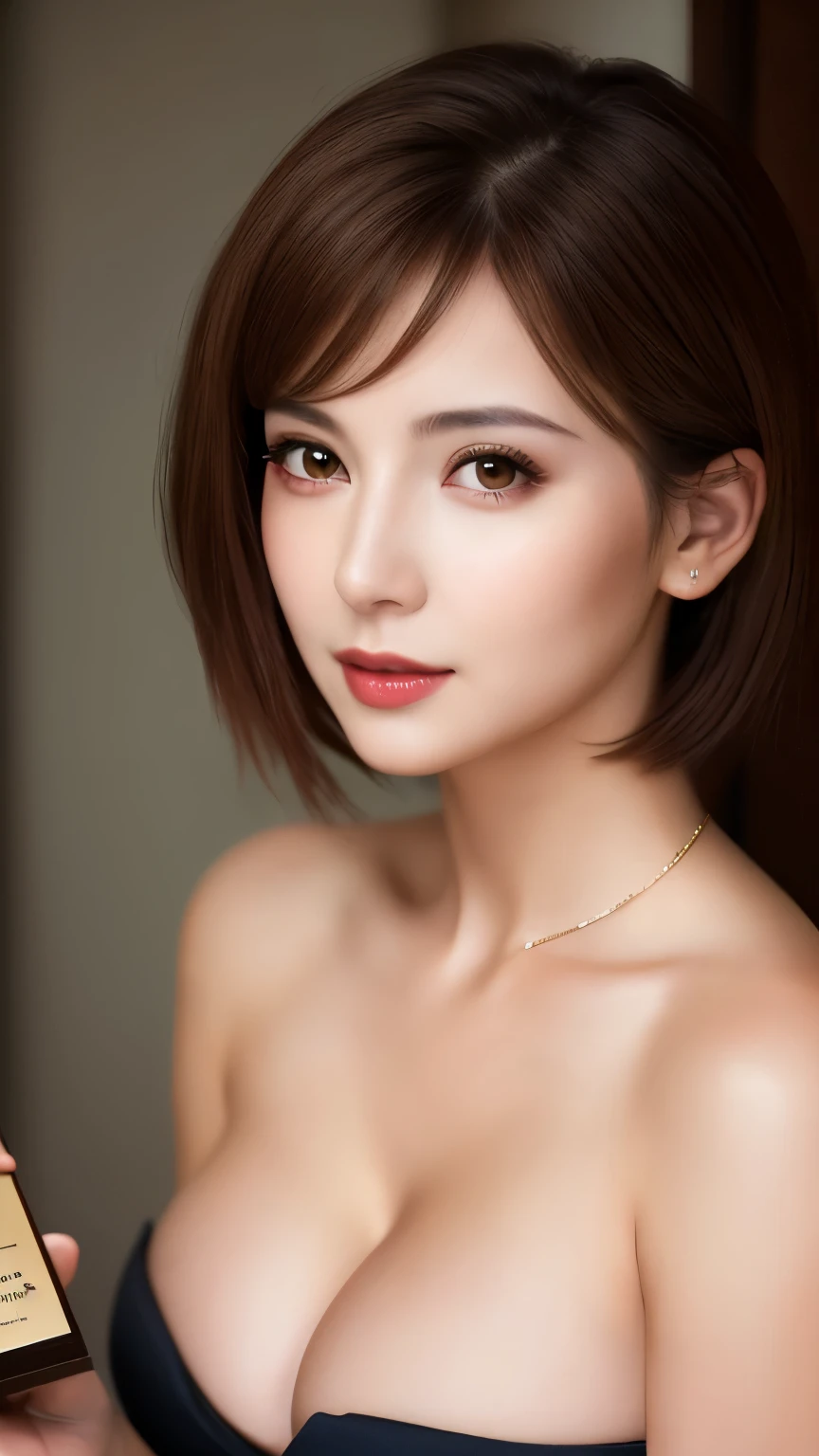 1 girl, highest quality, 35mm lens, f/1.8, perfect skin, realistic, (adult face:1.2), 8K, award winning photography,nice, (portrait:0.6), cinematic, ultra high resolution,big breasts,cleavage,short hair