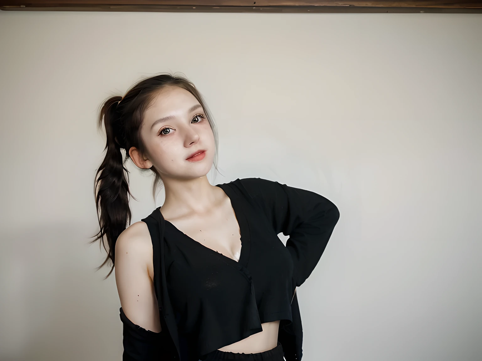 1girl, solo,masterpiece, best_quality, photoshoot, looking at camera, young adult gardevoir, happy expression, (porcelain skin), brown eyes, (black hair), (messy hair in ponytail), black cardigan, baggy tshirt, black sweatpants, white skin, high school background, leaning, huge breast