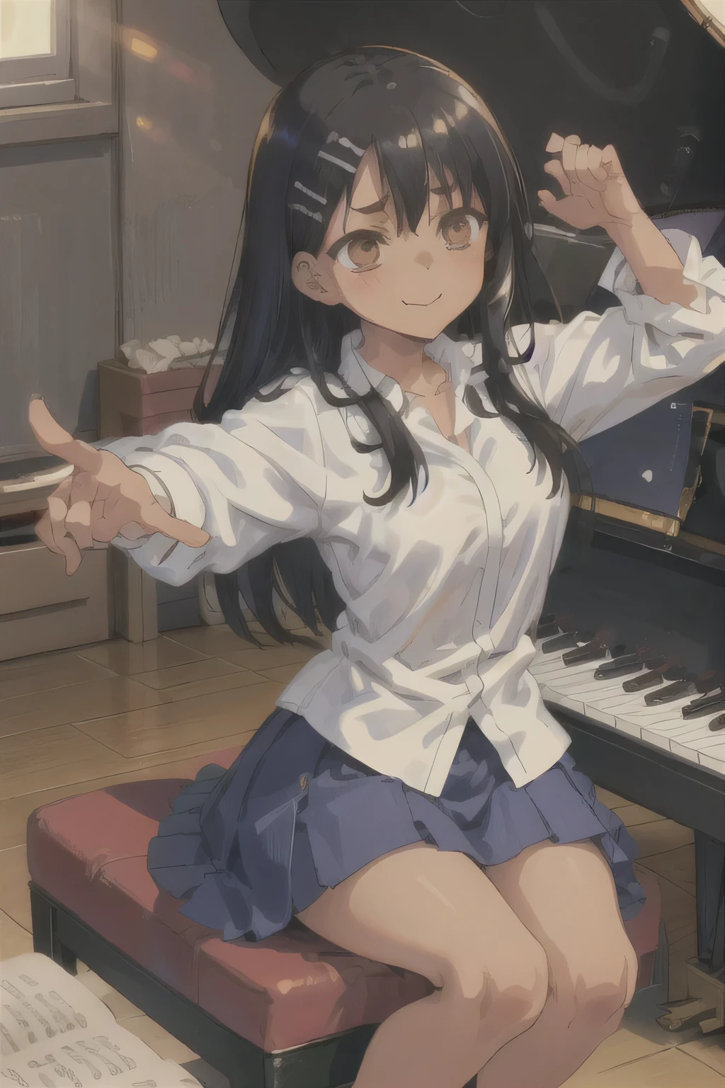 (masterpiece, highest quality:1.2), very detailed, soft ambient lighting, sharp focus, 4k, break 1 girl, alone, nagatoro hayase, hair ornaments, brown eyes, hair clip, black skin, black hair, , white shirt, navy blue skirt, play the piano　Playing the piano keys, looking at the viewer, grin and laugh,