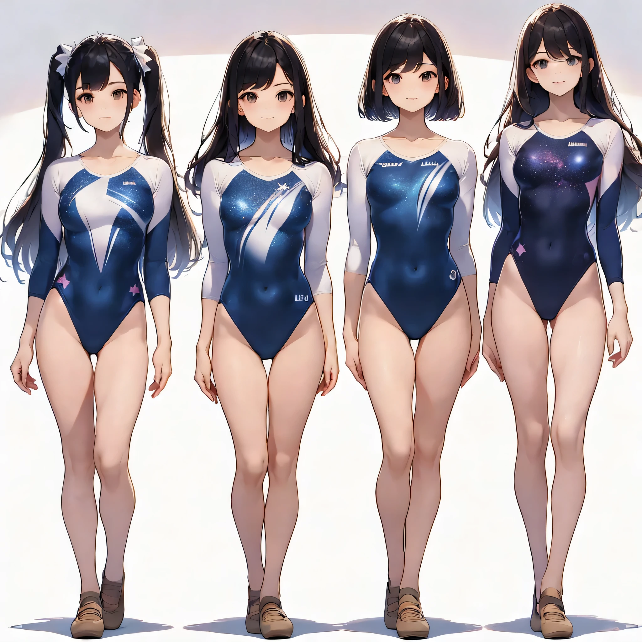 ((full body)),(masterpiece, best quality), (3 girls1.5) ,((Contrapposto:1.5)), looking at viewer, walking,((v_arms:1.2)), wearing gymnastics_longsleeves_leotard_outfit leotard:1.3),(blue leotard) ,(galaxy print:1.3), BREAK masterpiece black hair, ((long hair:1.2)), ((parted bangs:1.3)), black eyes, good hand, ((small breasts)), (over 20 years old, under 25 years old:1.2), , spotlight, happy, smile, BREAK in the class room