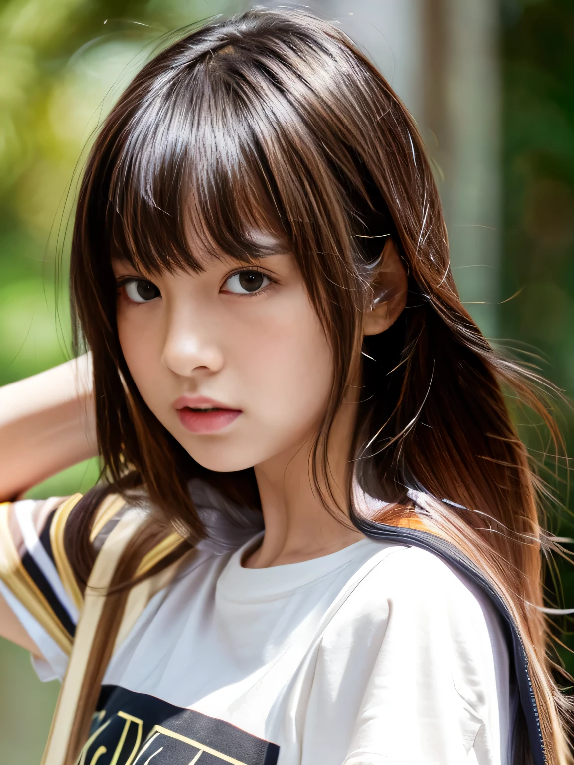young japanese girl, ((T-shirt:1.2)), ((Layer a shirt over top:1.4)), the button２Open,  glossy lips, closed mouth, Self-righteousness, straight hair, very long, silky, shiny hair, naughty face, Upper body, full body esbian,
