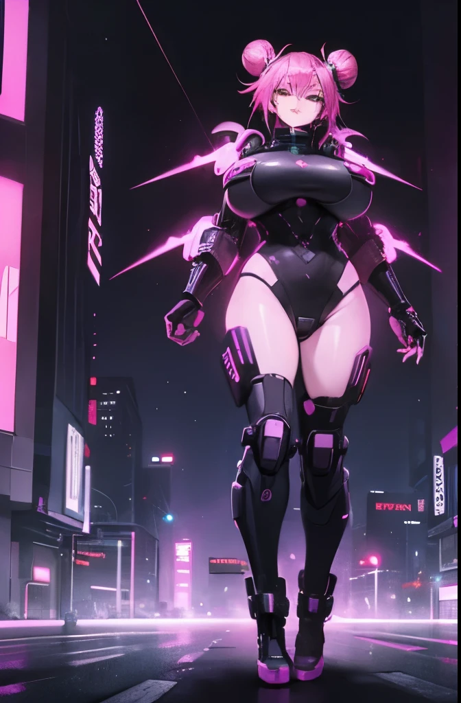 ((cyberpunk aesthetic)), (full body), (cyberware), (showing skin), (((large_breasts))), (pink_hair), (double bun hair), (red light district city background), (glowing lights), (starry night sky) (confident expression), (smug expression), (seductive), (pasties)