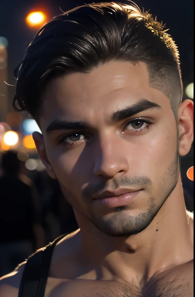 Melhor qualidade, obra de arte, ultra high resolution, (Fotorrealista:1.4), rosto detalhado, olhos detalhados, Foto CRU, jovem macho bonito, cabelo preto, (city background at night:1.2)