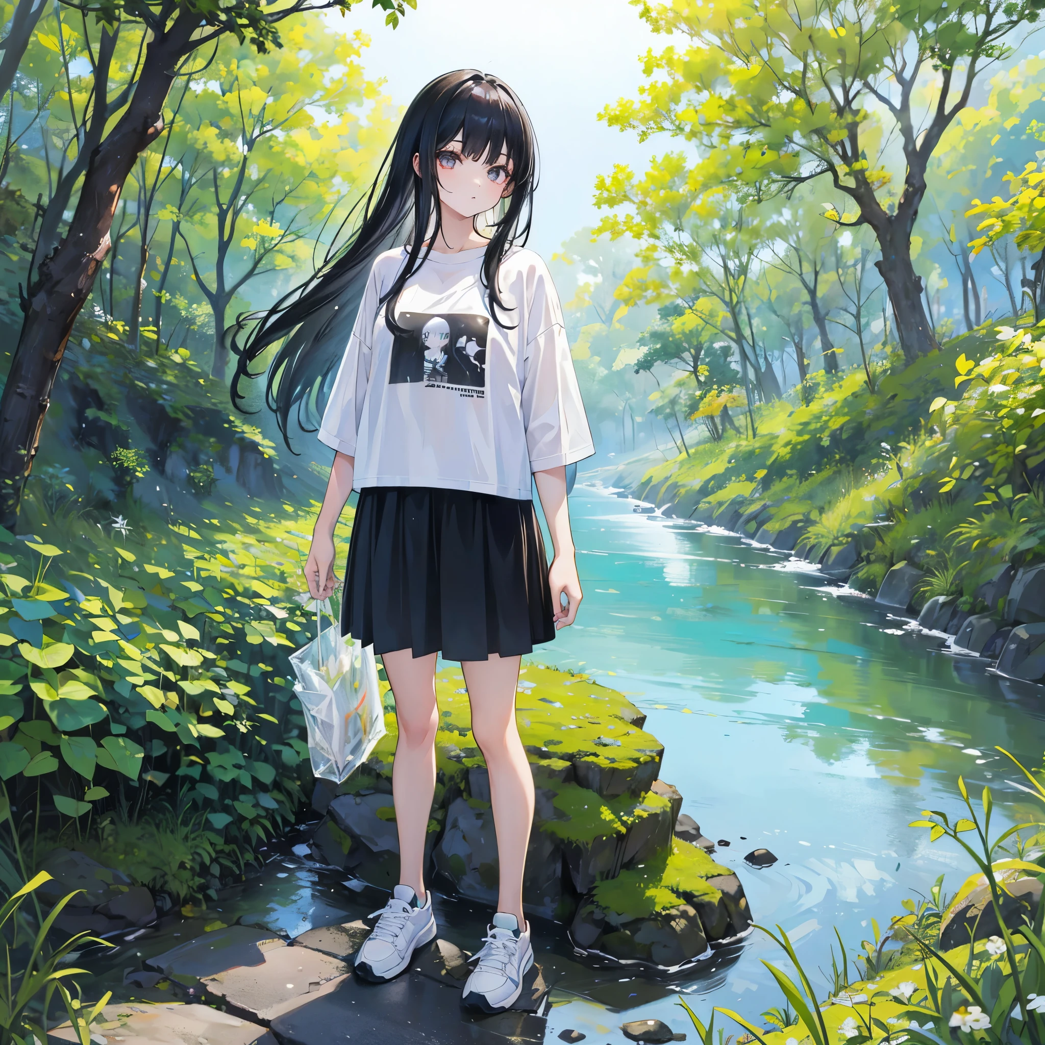 Girl standing by a stream. Her skin is fair and she has long black hair.. Ela veste uma camiseta branca e um short preto. He's wearing white sneakers. Estilo anime. Angulo aberto.