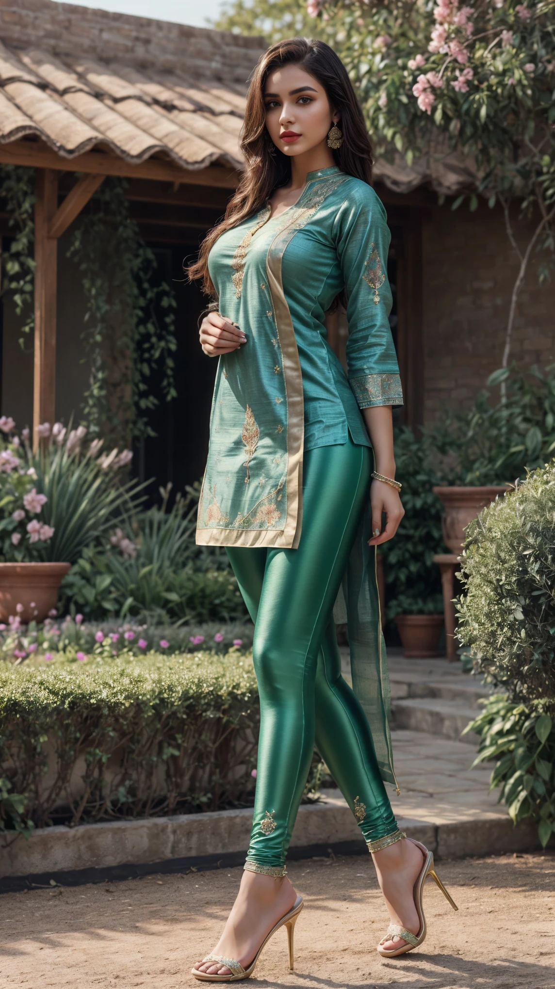 (full body shot:1.5), (Masterpiece:1.1), (stylish modern girl), (stylish girl in Indian outfits), (walking in a garden, beautiful garden), 1girl, solo girl, 20 year old girl, ultra realistic face, hyperrealistic, hyperdetailed, (looking at viewers), sharpen, detailed face, detailed eyes, detailed lips, red lips, beautiful face, 16k, FHD, raw photo, pretty face mesh, beautiful hair style, intricate, extremely detailed, (colossal tits, perky breast, perky breasts, perfect rounded breasts), ultra realistic texture, smooth skin, realistic face, glow lip, glow face, very_high_resolution, natural lighting, natural brightness, perfect figure, fit body, (fancy high heel), hair ornaments, ((attractive embroidery kurta, neck strap, elegant kurta, fancy attractive kurta, fancy leggings)),