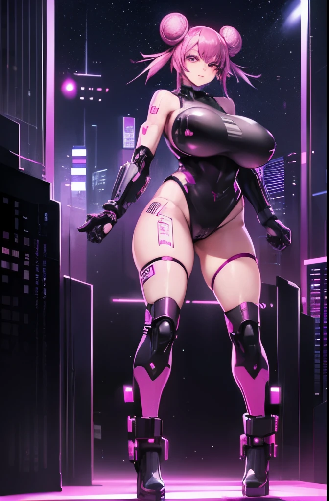 ((cyberpunk aesthetic)), (full body), (cyberware), (showing skin), (((large_breasts))), (pink_hair), (double bun hair), (red light district city background), (glowing lights), (starry night sky) (confident expression), (smug expression), (seductive), (pasties)