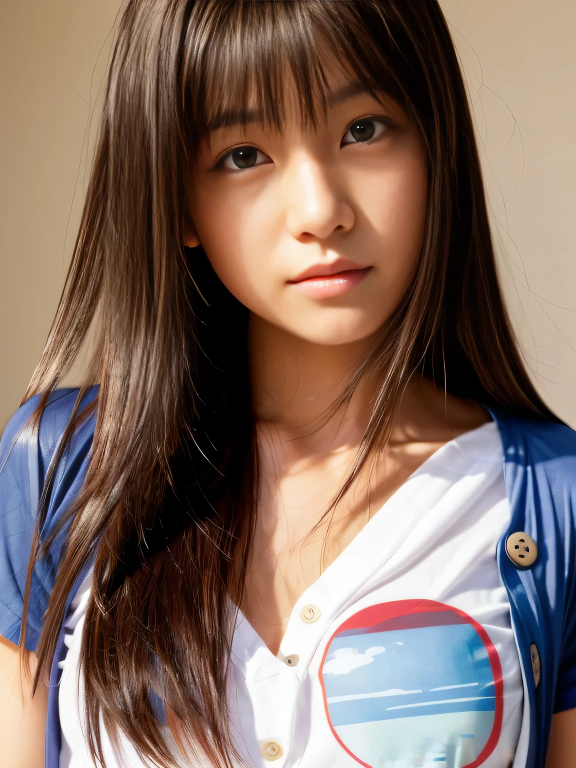 young japanese girl, ((Wear a shirt over a T-shirt:1.2)), the button２Open,  glossy lips, closed mouth, Self-righteousness, straight hair, very long, silky, shiny hair, naughty face, Upper body, full body esbian,