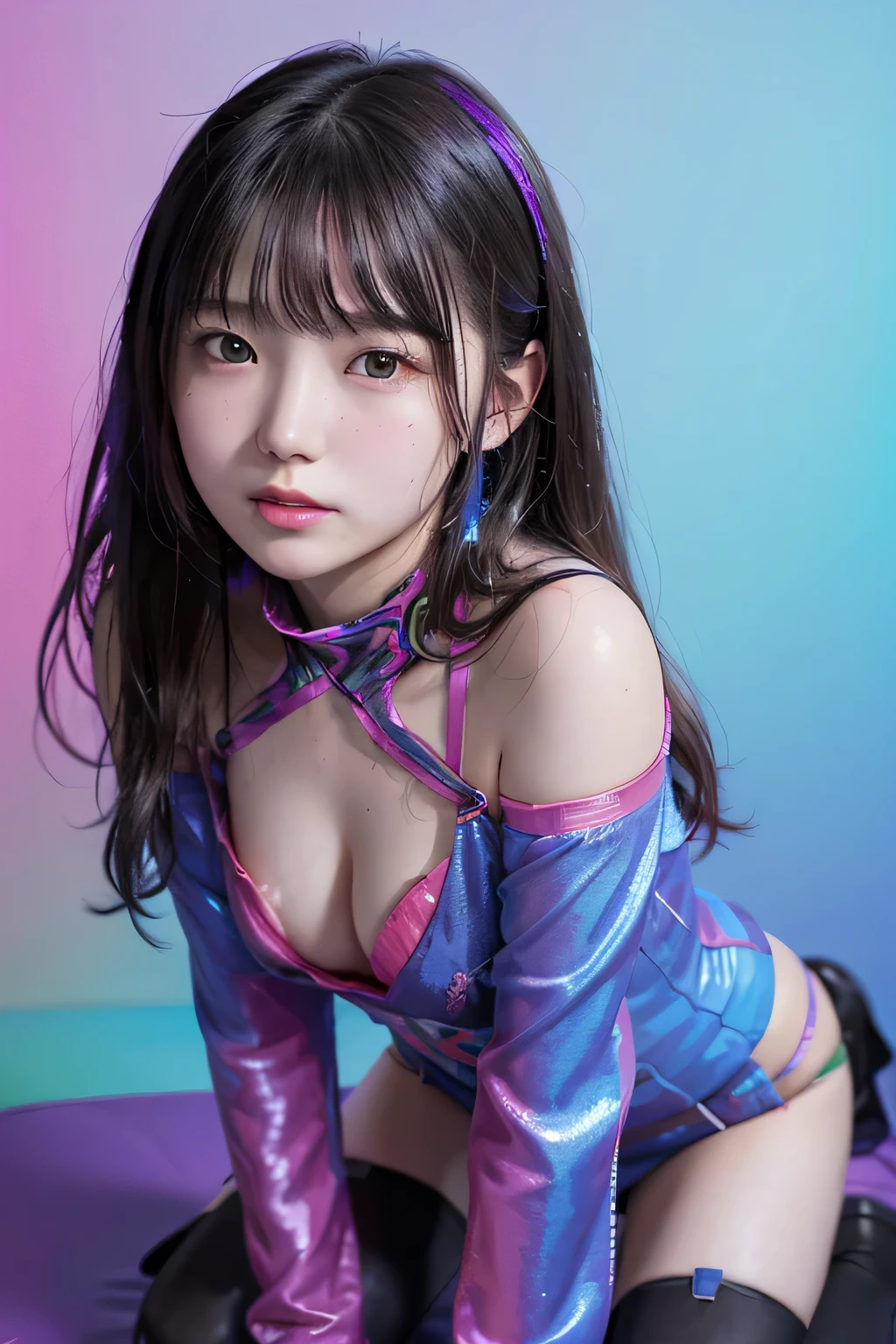 (close up headshot), portrait, portrait, (alone), masterpiece, highest quality, high contrast in clothes, psychedelic, [[[nffsw]]], particle, bloom, neon lighting, (shine), flat color, splash of color、color mashing、With a round face、slim、flat body、cute、((leaning forward))、sensual pose