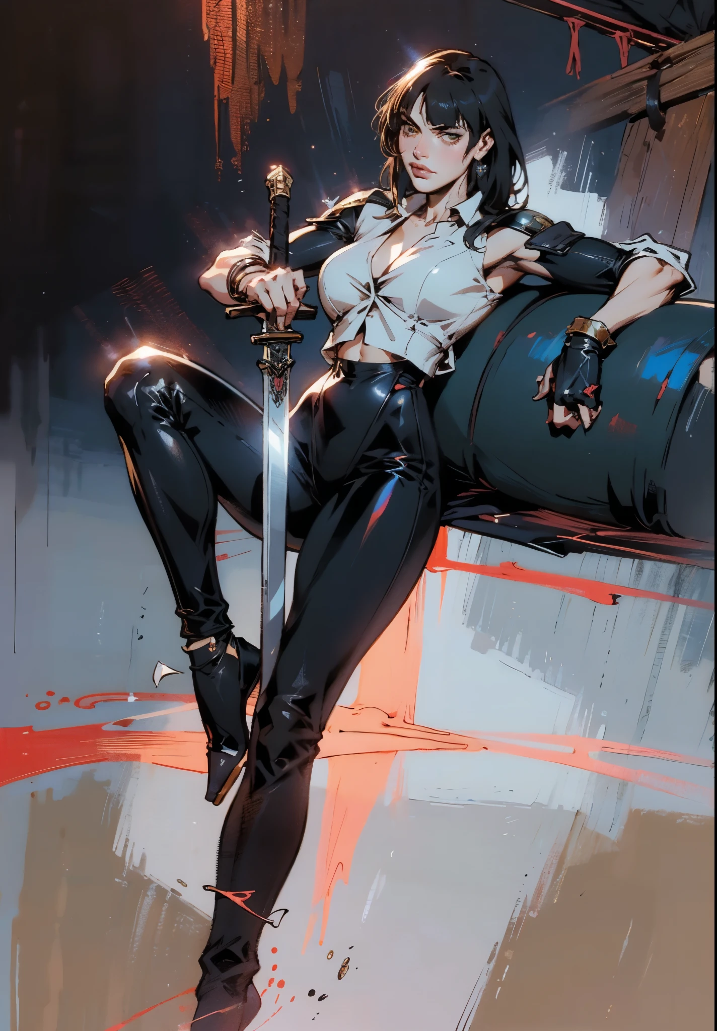A beautiful woman with long shiny black hair, choppy bangs, a delicate face, a cold proud gaze, a fit figure, a fantasy-style high-necked leather breastplate top, sleeveless, exposes her waist, a bracelet adorns her wrist, tight-fitting leather pants, her right hand holds a longsword with a blue scabbard, she lounges casually sitting, this character embodies a finely crafted fantasy-style bounty hunter in anime style, exquisite and mature manga art style, (Alexandra Daddario:1.2), high definition, best quality, highres, ultra-detailed, ultra-fine painting, extremely delicate, professional, anatomically correct, symmetrical face, extremely detailed eyes and face, high quality eyes, creativity, RAW photo, UHD, 32k, Natural light, cinematic lighting, masterpiece-anatomy-perfect, masterpiece:1.5