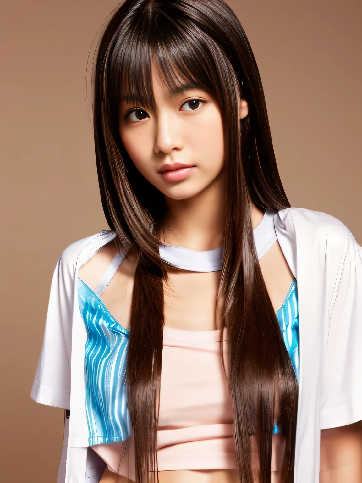 young japanese girl, ((Wear a shirt over a T-shirt:1.2)), the button２Open,  glossy lips, closed mouth, Self-righteousness, straight hair, very long, silky, shiny hair, naughty face, Upper body, full body esbian,