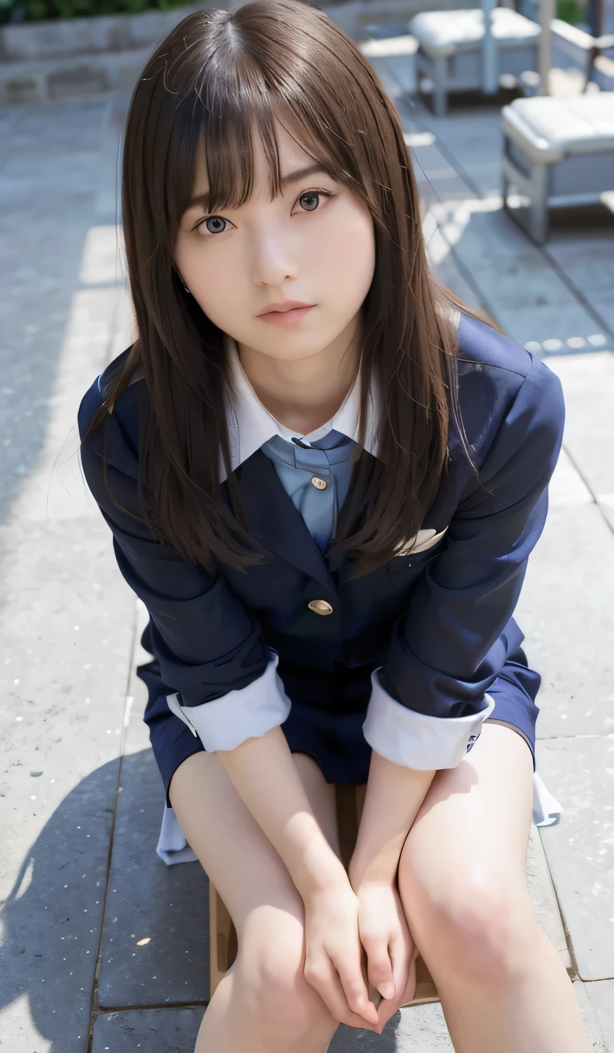 (flat chest:1.3), straight hair, 1 girl, beautiful, cute, professional lighting, highest quality, (well-groomed face:1.5),beautiful woman, (school uniform:1.5), beautiful, (short hair:1.3), beautiful feet,pool,(looking down, watching at Viewer:1.5)