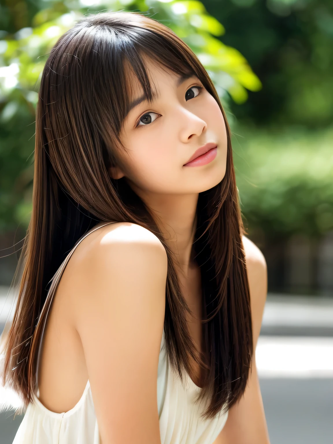 young japanese girl, Tank top, glossy lips, closed mouth, Self-righteousness, straight hair, very long, silky, shiny hair, naughty face, Upper body, full body esbian,