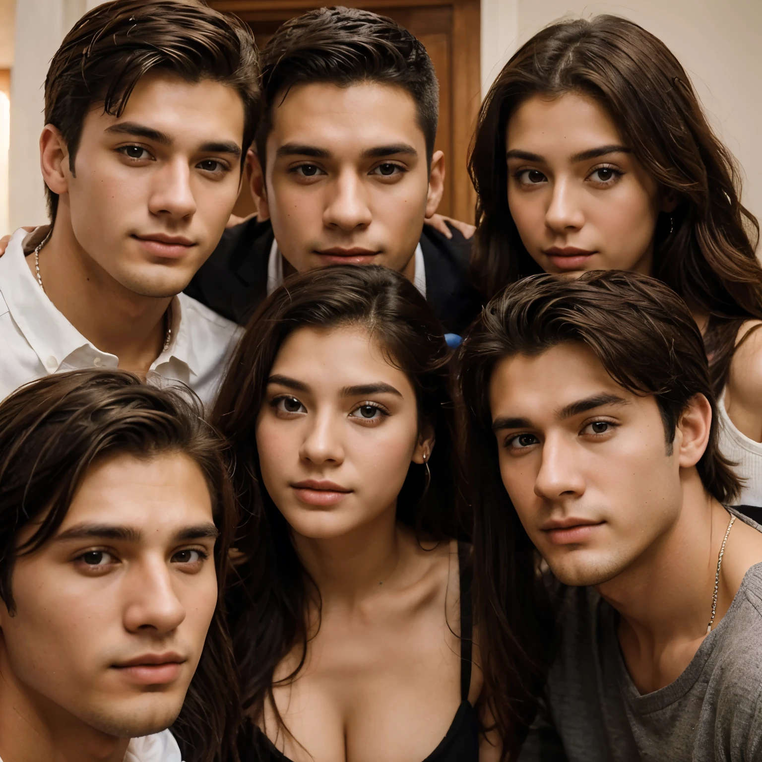 Crear imagen de 7 personas, 2 handsome 21 year old men and 5 beautiful 20 year old women