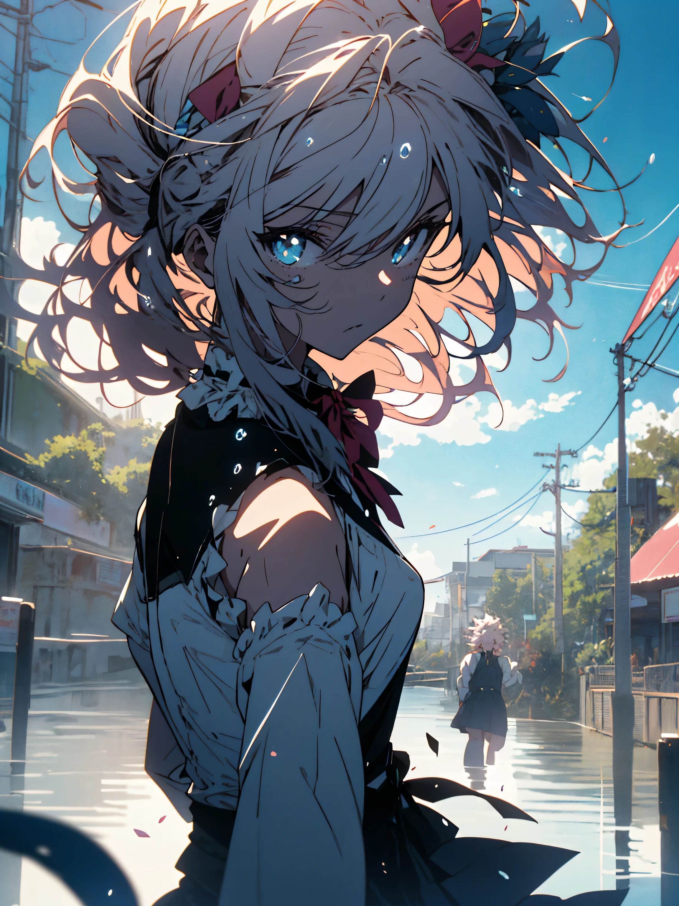 NSFW,((masterpiece)),(((highest quality))),((Super detailed)),((((anime-like)))),((messy hair)),((frills)),(1 girl),(alone),sex from behind, (((butt focus))),,lipstick,dynamic angle,big top sleeves,floating,beautiful detailed sky,beautiful detailed water,beautiful detailed eyes,exposed exposed,(fist),No expression,blunt side bangs,hair between eyes,ribbon,A bow tie,button,bare shoulders,(((small breasts))),Detailed wet clothes,gaping face,pleated skirt,flowers 、beautiful anime