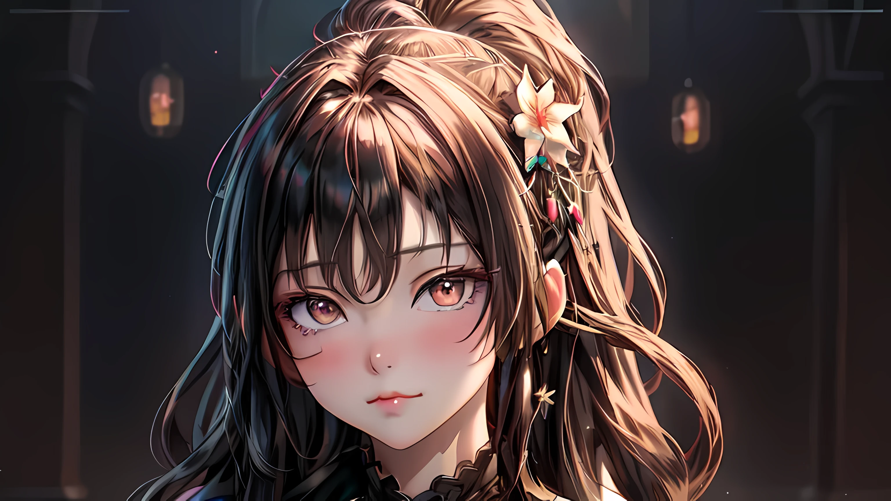 ((Best quality)), ((Meisterwerk)), (detailliert), perfektes Gesicht, cute hot anime girl with long white hair, detailed gothic stile background, many high quality details, schmuck, lichtreflexionen 