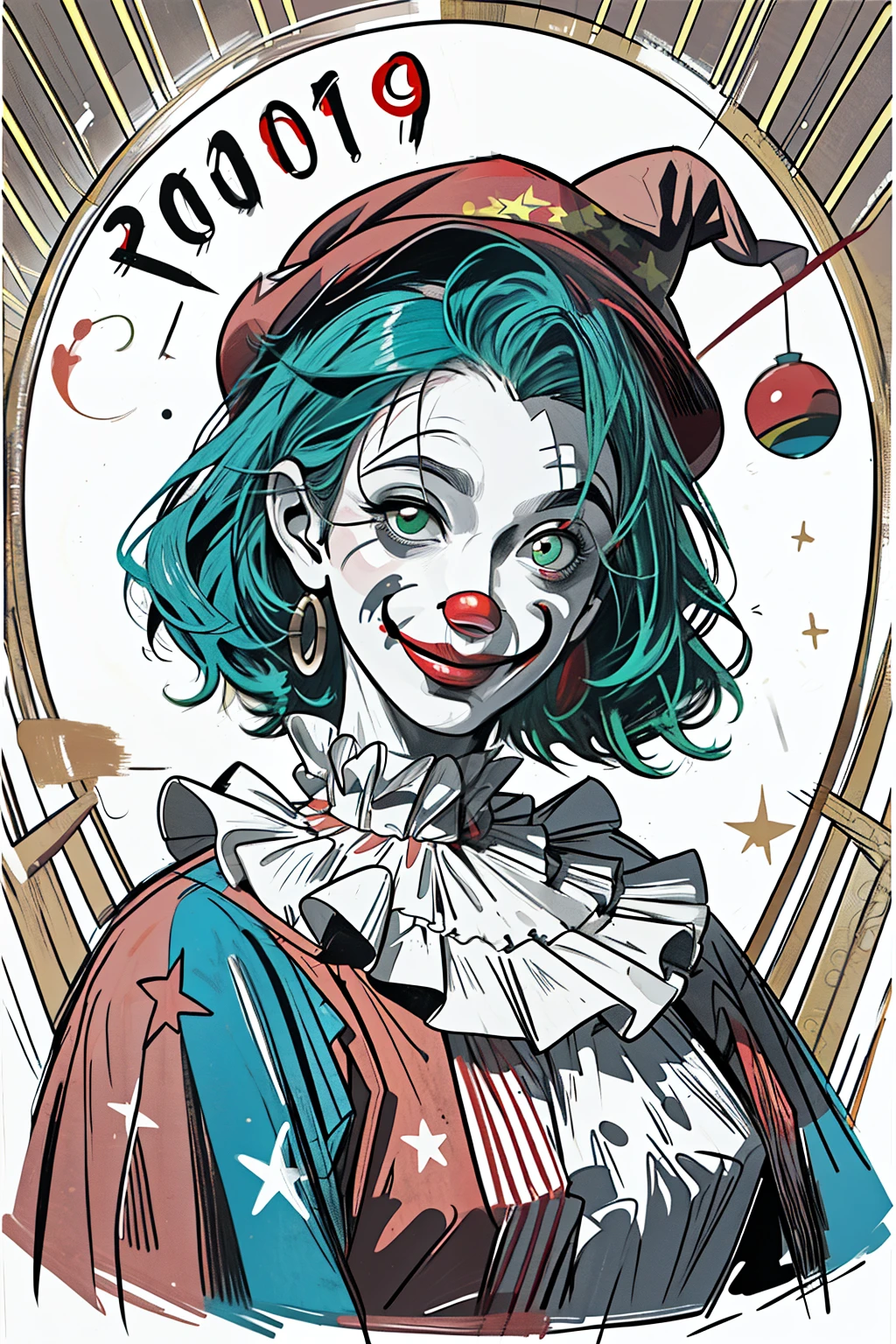 painting of a clown with a red hat and green hair, portrait of clown, portrait of a clown, portrait of the clown, clown, Martin then portrait of artwork, the clown, clown smile, cavalo michael (Motor irreal, foto de retrato, arte dc, clown, capitalist clown, epic portrait illustration, from clown (2019)