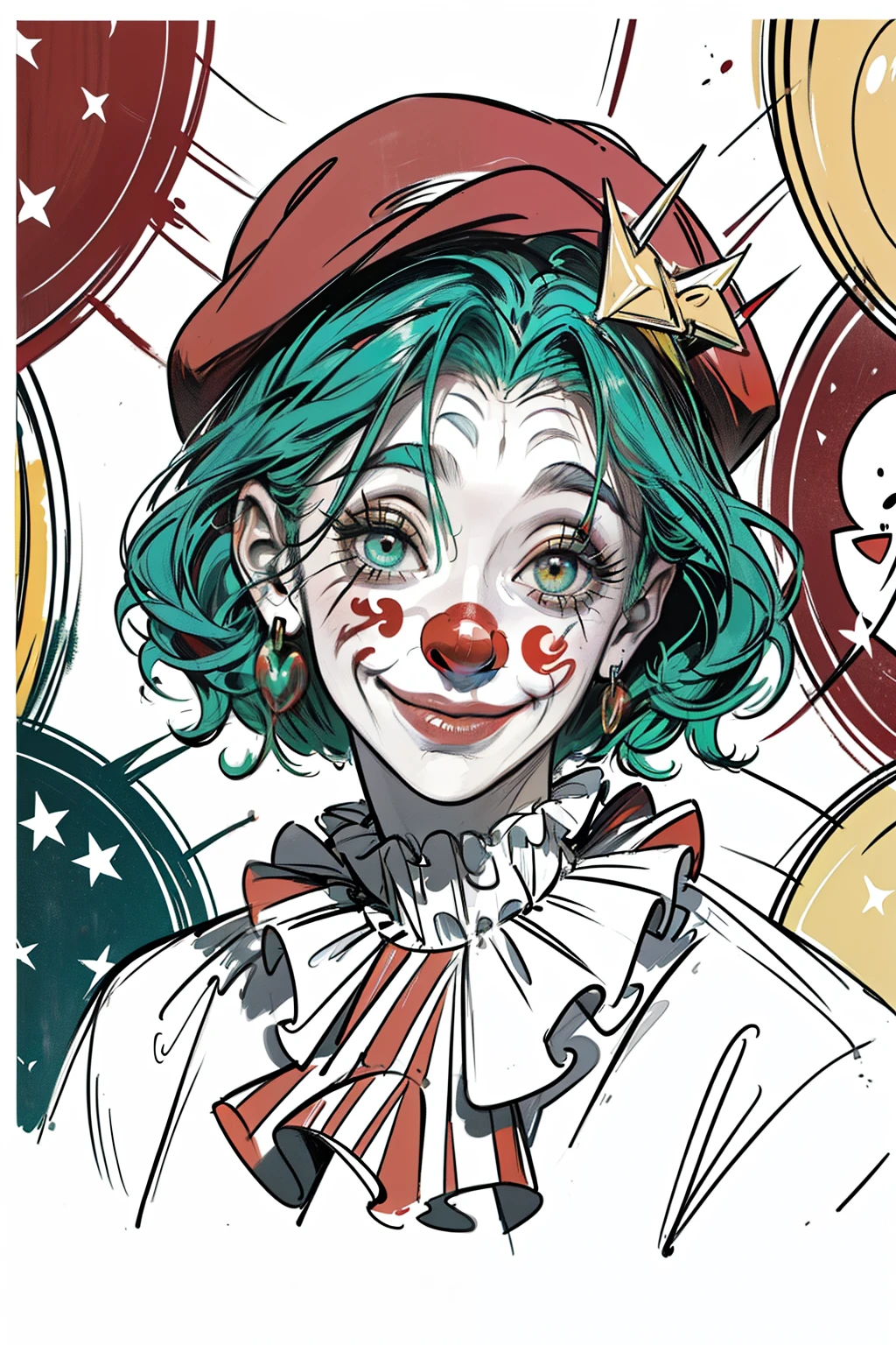 painting of a clown with a red hat and green hair, portrait of clown, portrait of a clown, portrait of the clown, clown, Martin then portrait of artwork, the clown, clown smile, cavalo michael (Motor irreal, foto de retrato, arte dc, clown, capitalist clown, epic portrait illustration, from clown (2019)