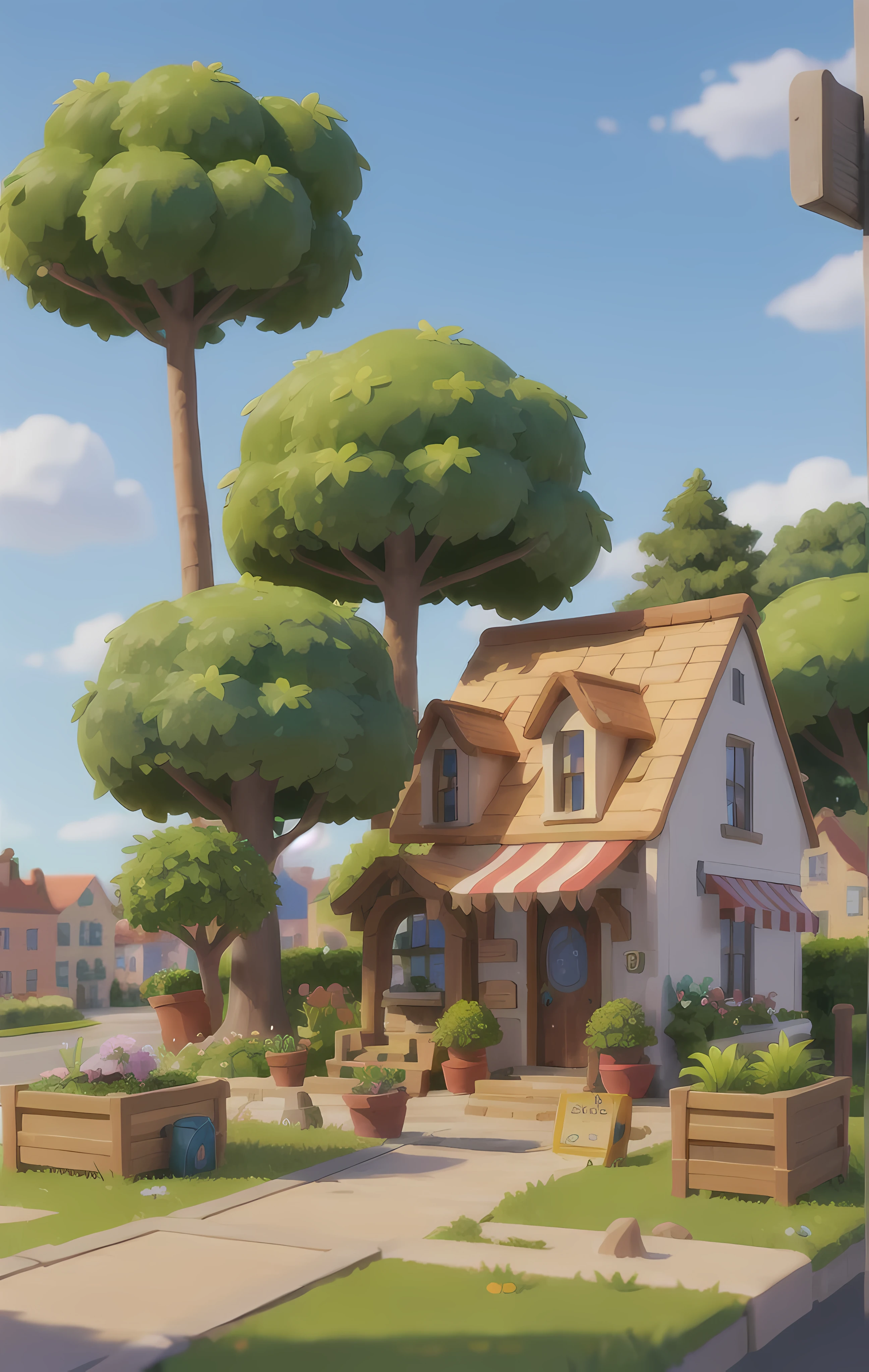 (Miniature cityscape), (Isometric:1), Cartoon style, (Sandbox game style), (White background), (superb detail), Florists, potted plants, flowers, grass, trees, shops, shops, signs, Lighting, Clear sky, Outdoors, Landscapes, Clouds, Sky, Roads, Grass,, grass, 3D, 8k, HDR, high definition, film grain. Blue sky, white clouds, small trees, mailbox, stairs, clean background
