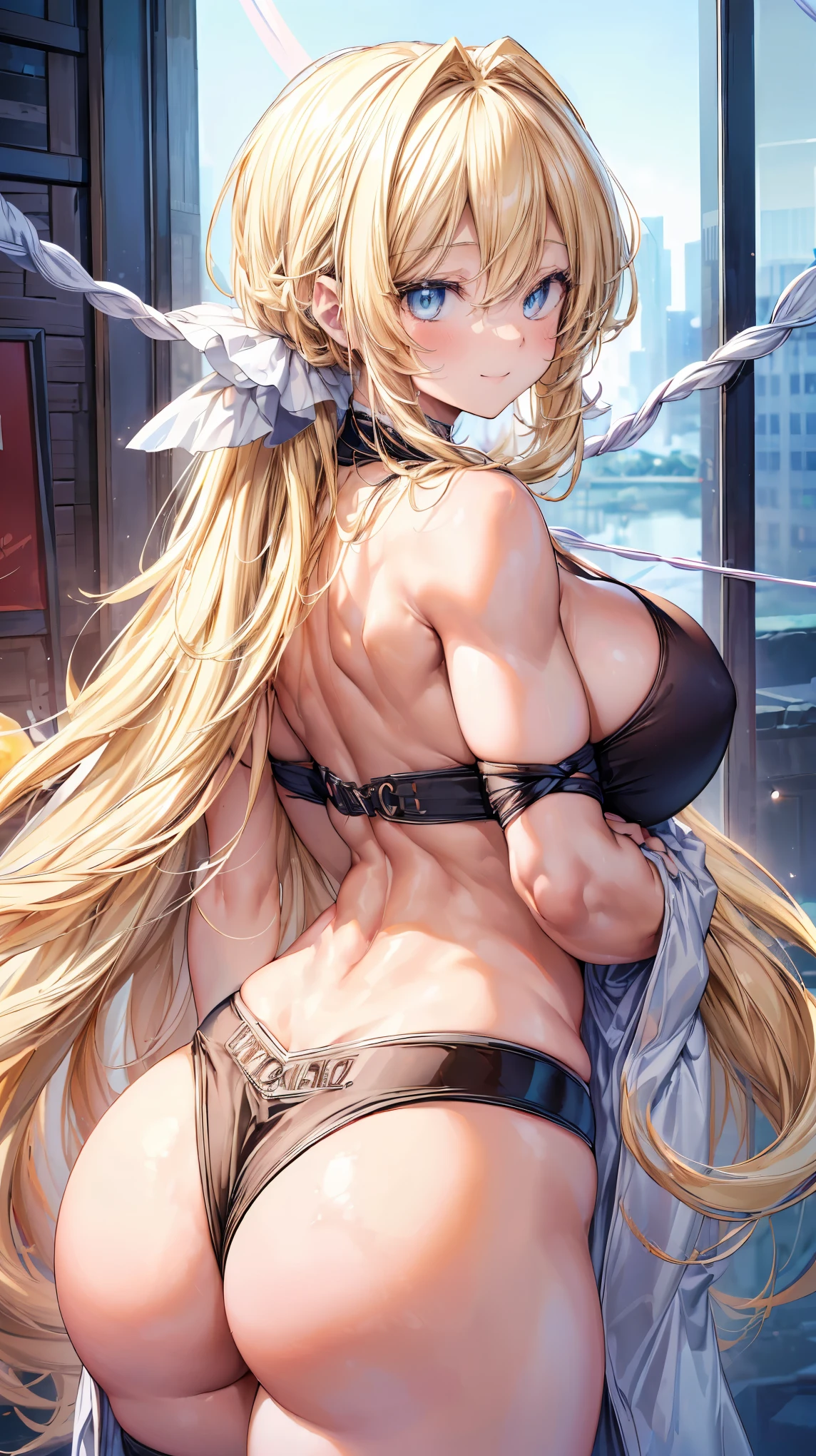 ultra-detailed、sensual, ((long blonde curly hair)), thick thighs, 8K, 4k, highest quality, High resolution:1.2), cute anime face, noise reduction, ((Beautiful eyes that shine, gentle smile, kind eyes))、toned abdominal muscles, muscular arms, muscular legs, young face, anime eyes, (((big breasts、A chest that is about to burst)))、(((bondage style)))、(((Rear view、I'll turn around、emphasize the buttocks、T-back that digs into your butt)))、(((white string:1.5)))