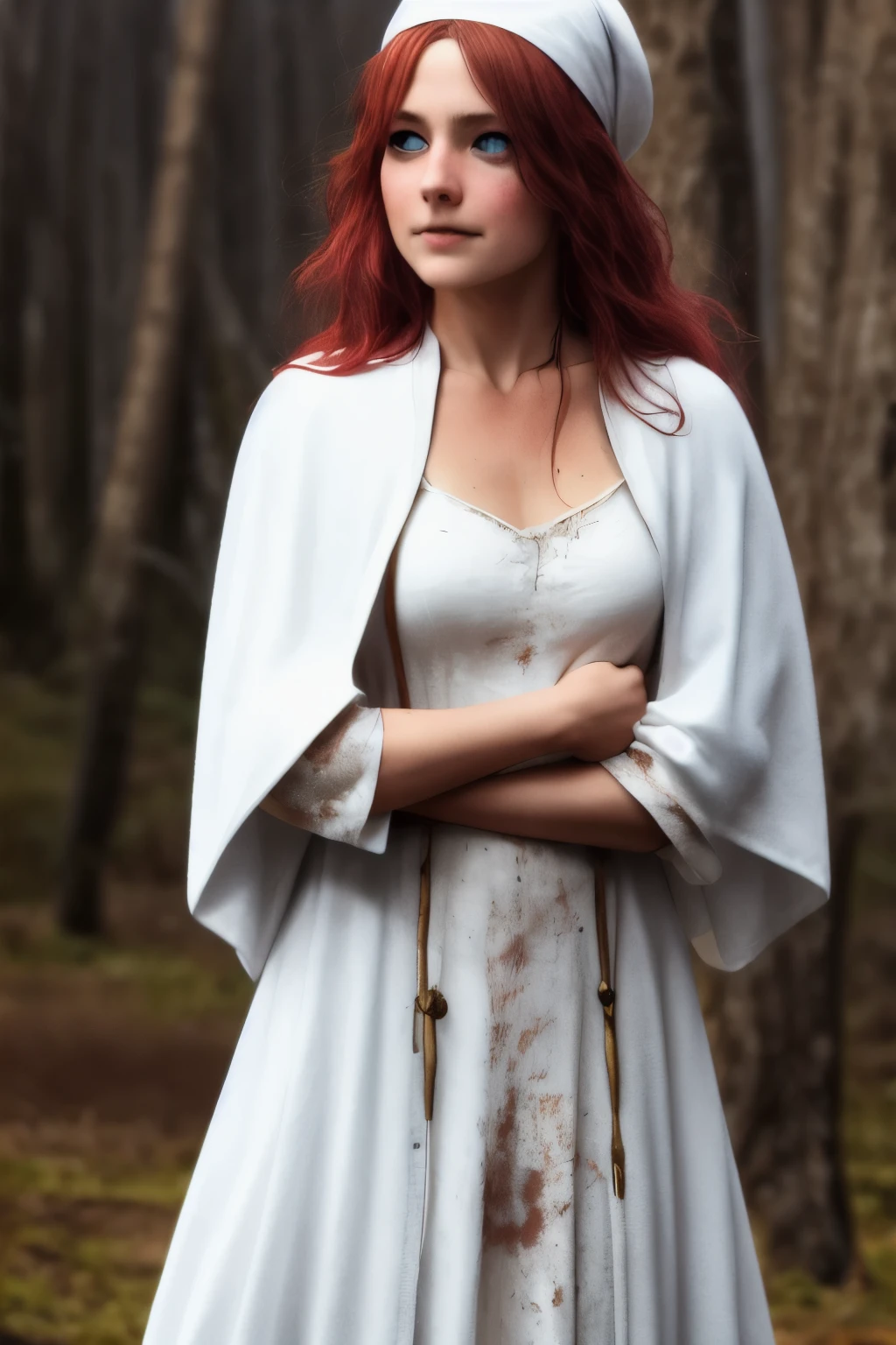 A lonely red-haired priestess in a white dress, torn and dirty in places, smiling defiantly. She's tired, but satisfied. She has a staff behind her back, the cloak flutters in the wind. ((best quality)), ((masterpiece)), (detailed), perfect face